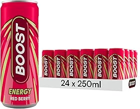 Boost Energy Drink Red Berry Flavour - 24 Pack Drinks with Caffeine, Taurine and Vitamin B | Carbonated Energy Drinks | Gluten Free Vegan Low Calorie Fizzy Drinks Multipack | 24x250ml