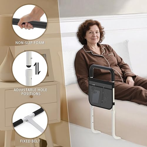 Miniatura 4 de Barandillas de seguridad para adultos mayores, barandilla auxiliar de movilidad de mesita de noche, barra de apoyo médico con bolsillo de