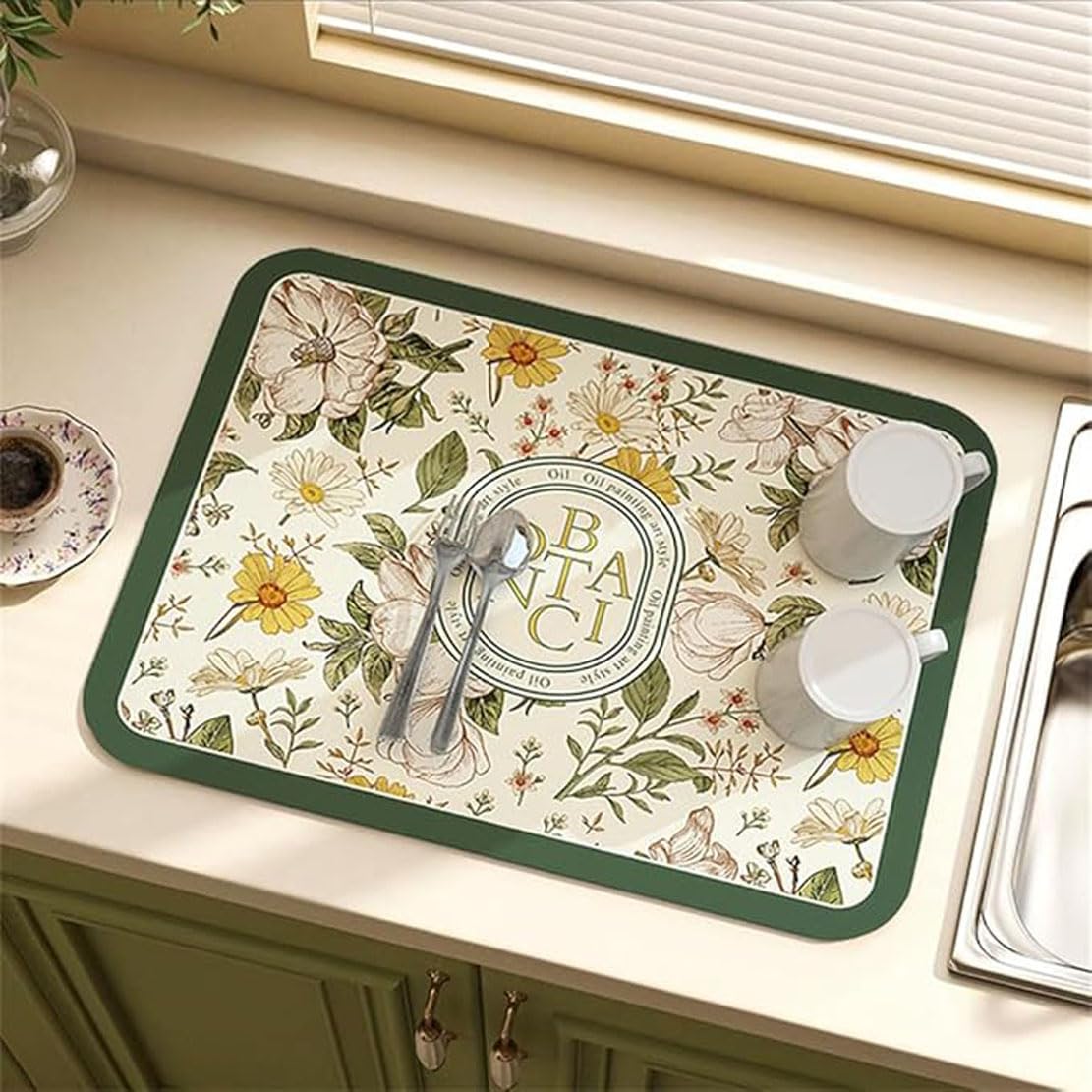 Kitchen Absorbent Draining Mat, Absorbent Dish Draining Mat, Fantasy Style Draining Mat, Vintage Floral Plates Dish Drying Mat, Heat Resistant Trivet Mat, for Table and Bar (D)