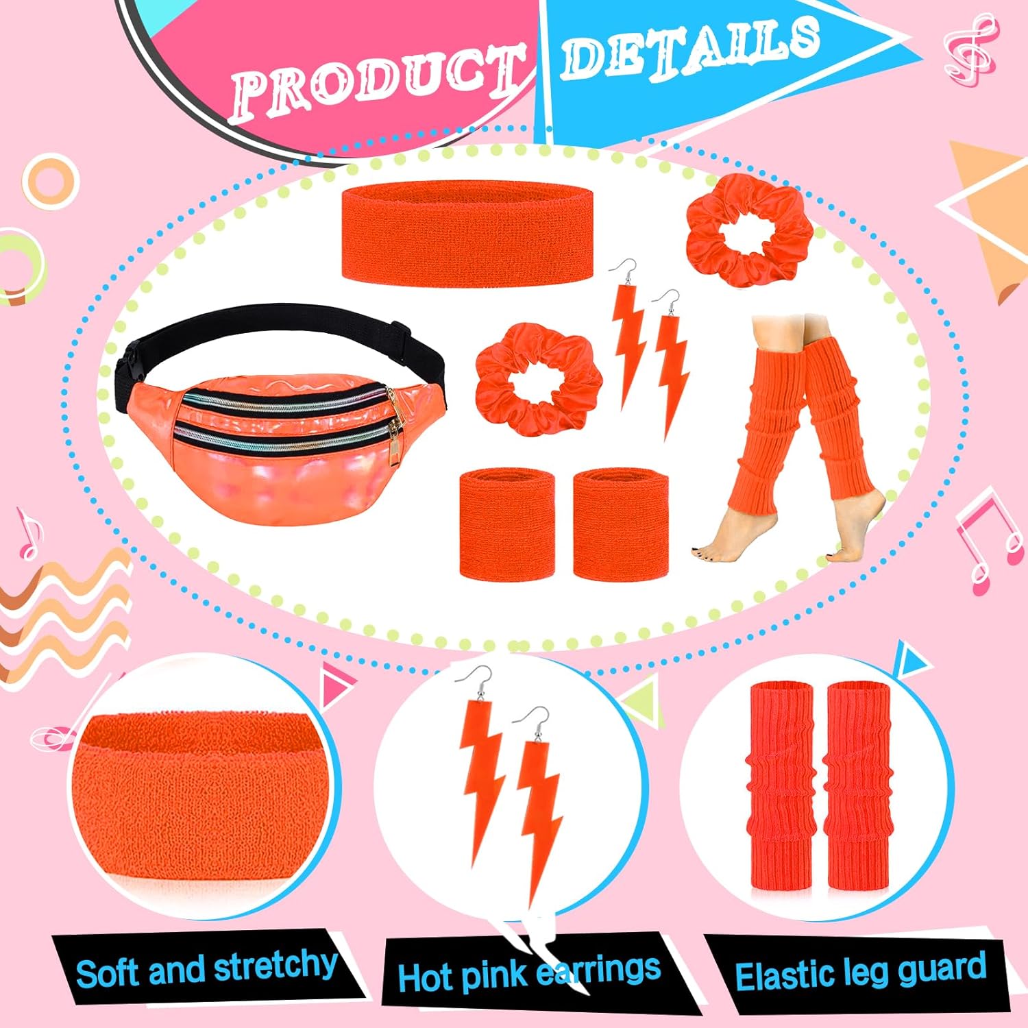 80s Neon Workout Costume Accessories Set 10 PCS Leg Warmers for Women 80s Headband Wristband Fanny Pack for Yoga Running - Image 2