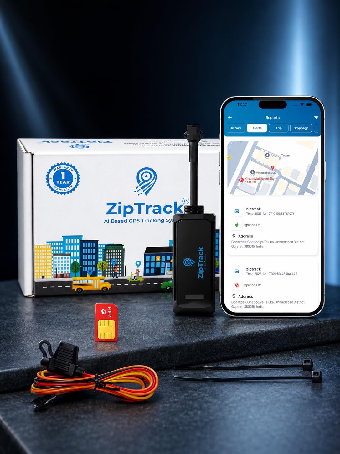 zt01 gps tracker for car, bike, scooty, truck & bus | wired vehicle gps tracking device | live location, geo-fencing, ignition alert & anti-theft | 1 year free app