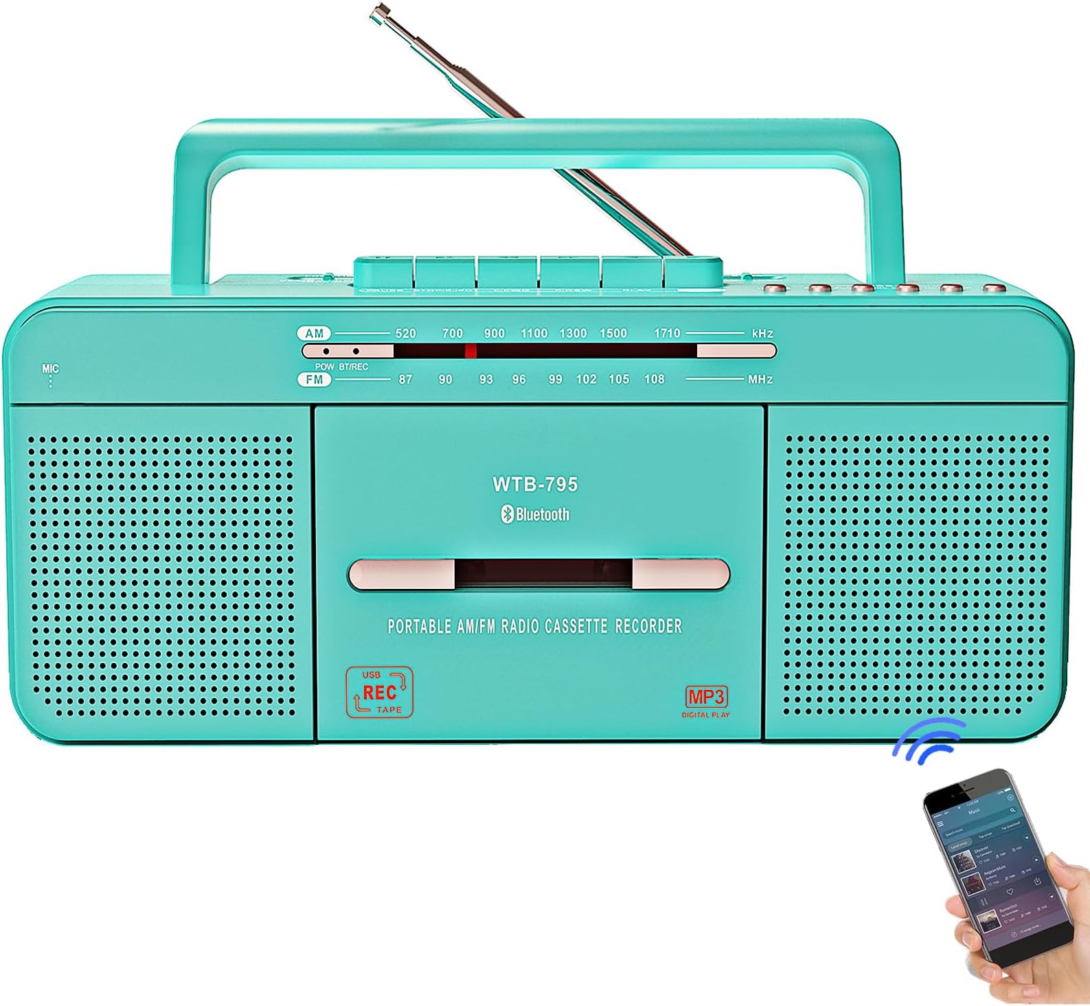 Portable Retro Stylish Cassette Player Recorder Boombox with Bluetooth,USB,AM/FM Radio,Tape Player/Recording,USB Playback/Recording,Cassette to MP3 Converter,Earphone Jack,AC/DC Powered(Teal)