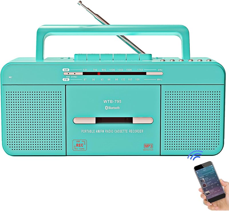 Reproductor de casete retro portátil con estilo Boombox con Bluetooth, USB, radio AM/FM, reproductor/grabación de cinta, reproducción/grabación USB, convertidor de casete a MP3, conector para auriculares, alimentación CA/CC (verde azulado)