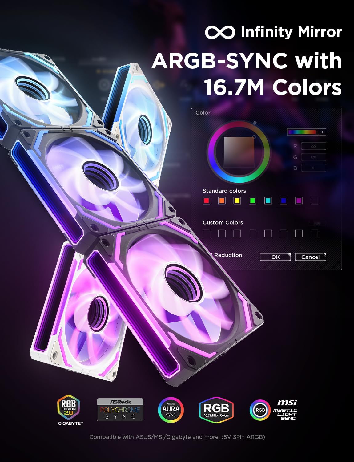 AsiaHorse COSMIQ Reverse Blade 120MM ARGB Wentylator do obudowy komputera (3 sztuki z kontrolerem) Infinity Mirror Daisy Chain Design FDB Łożysko 2000 RPM PWM Wysoki przepływ powietrza 68,5 cfm 5V