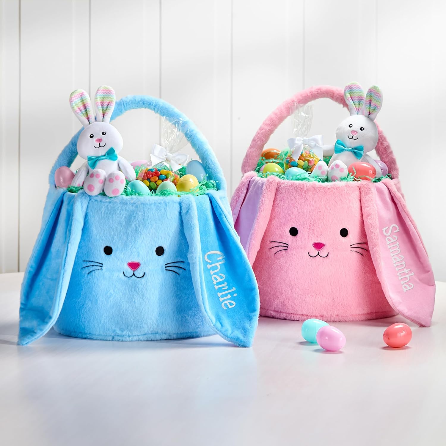 Let's Make Memories Personalized Easter Basket for Kids - For Boys - For Girls - Fillable - Easter Basket Stuffers - Oversized Plush Bunny - Blue