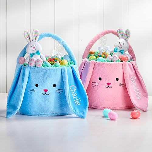 Miniatura 4 de Let's Make Memories Cesta de Pascua personalizada, peluche de conejo, orejas de guinga azules, cesta de Pascua para niños