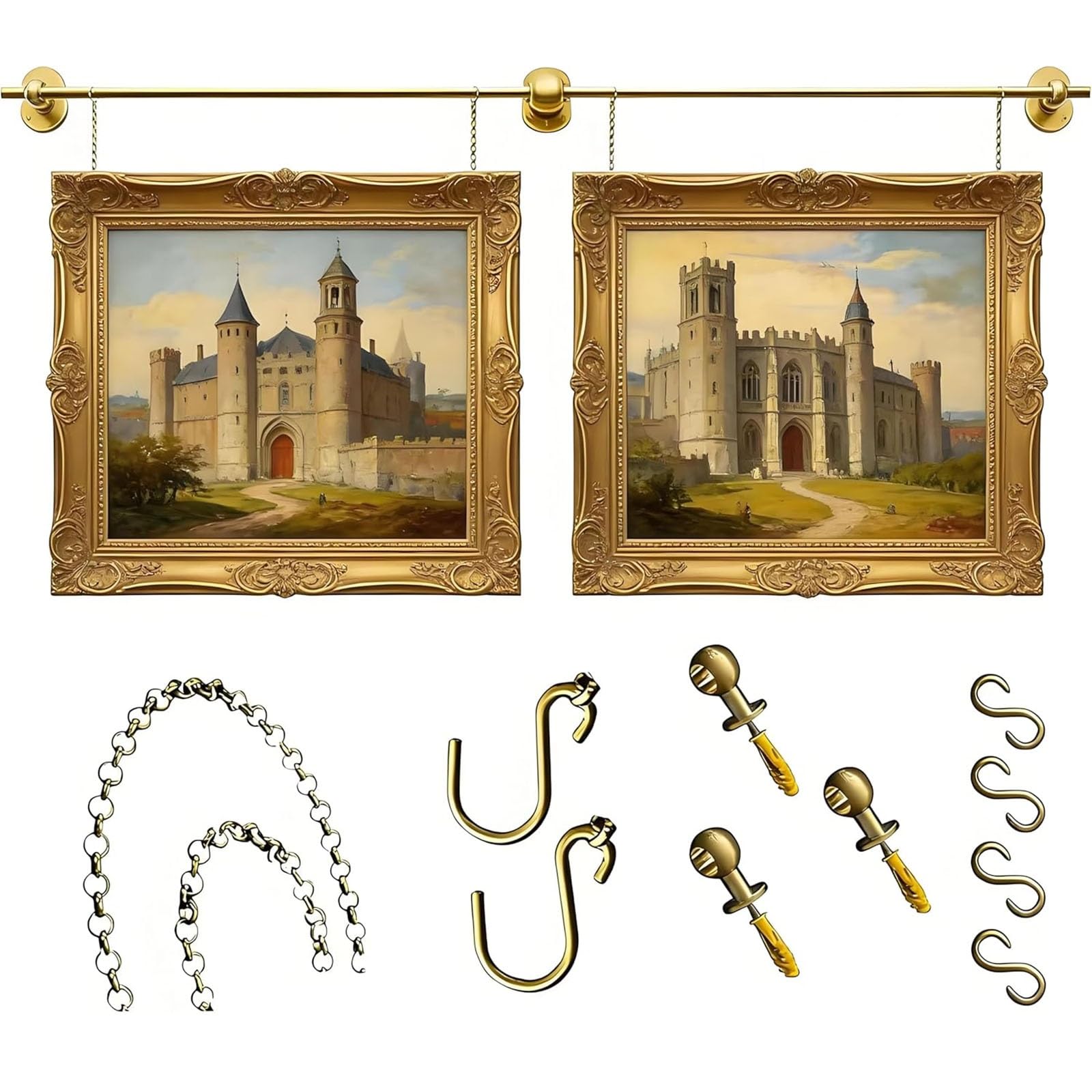 Xxbbyubo Picture Frame Hanging System Brass Display Rod with Chain and Hooks, Metal Wall Picture Hanging Rail Adjustable Picture Hanging Track 60-150cm(55.1in Rod)