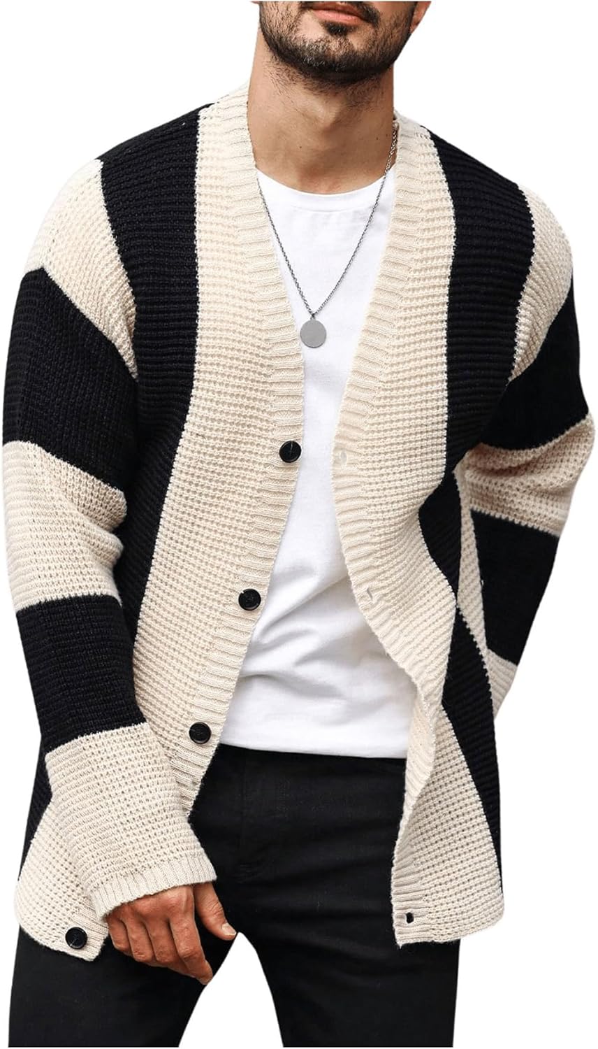 GORGLITTER Men’s Striped Oversized Knit Sweater Open Front Cardigan Sweaters