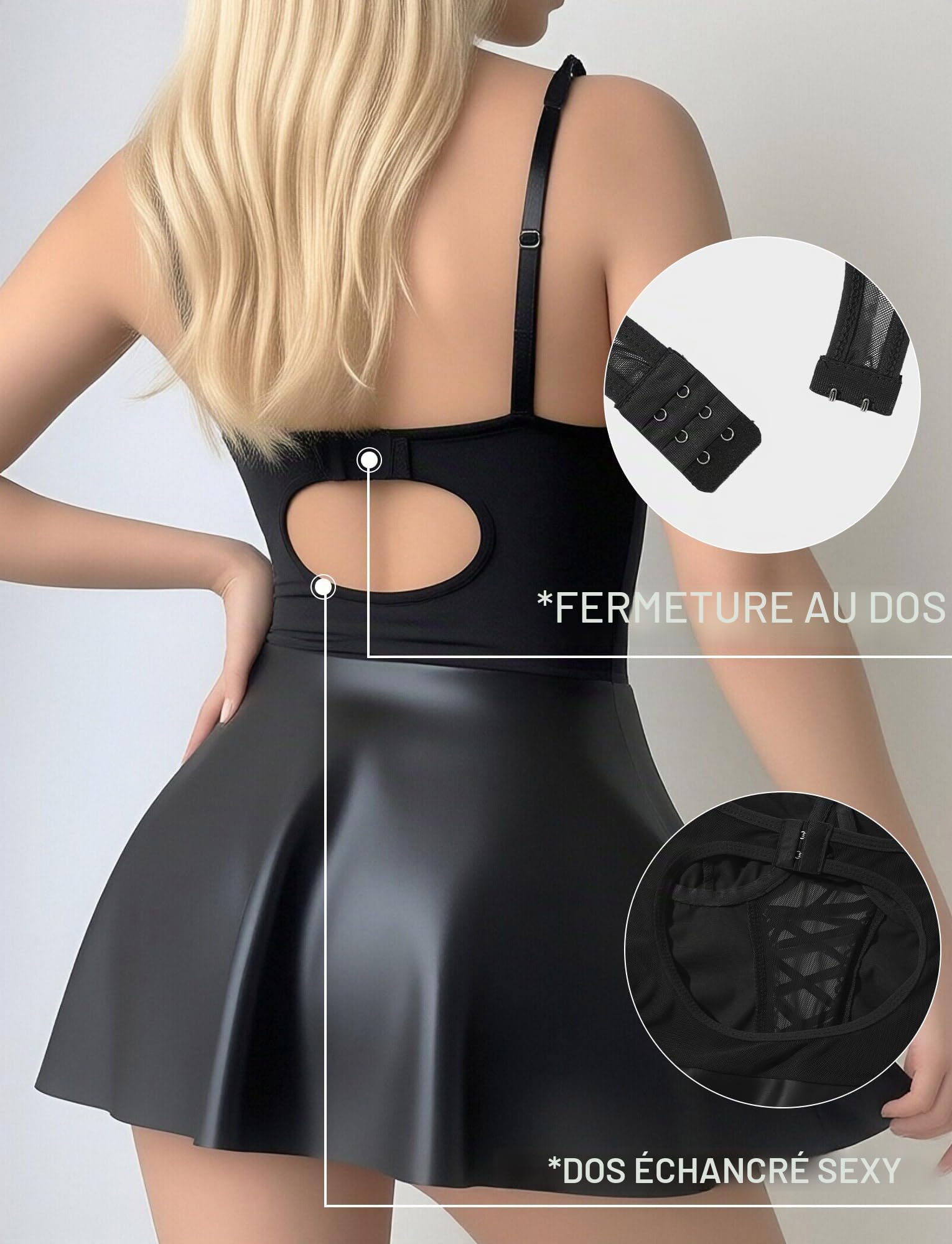 FEOYA Robe de nuit en cuir verni effet mouillé avec porte-jarretelles et dos nu, mini robe de club, S-XXL