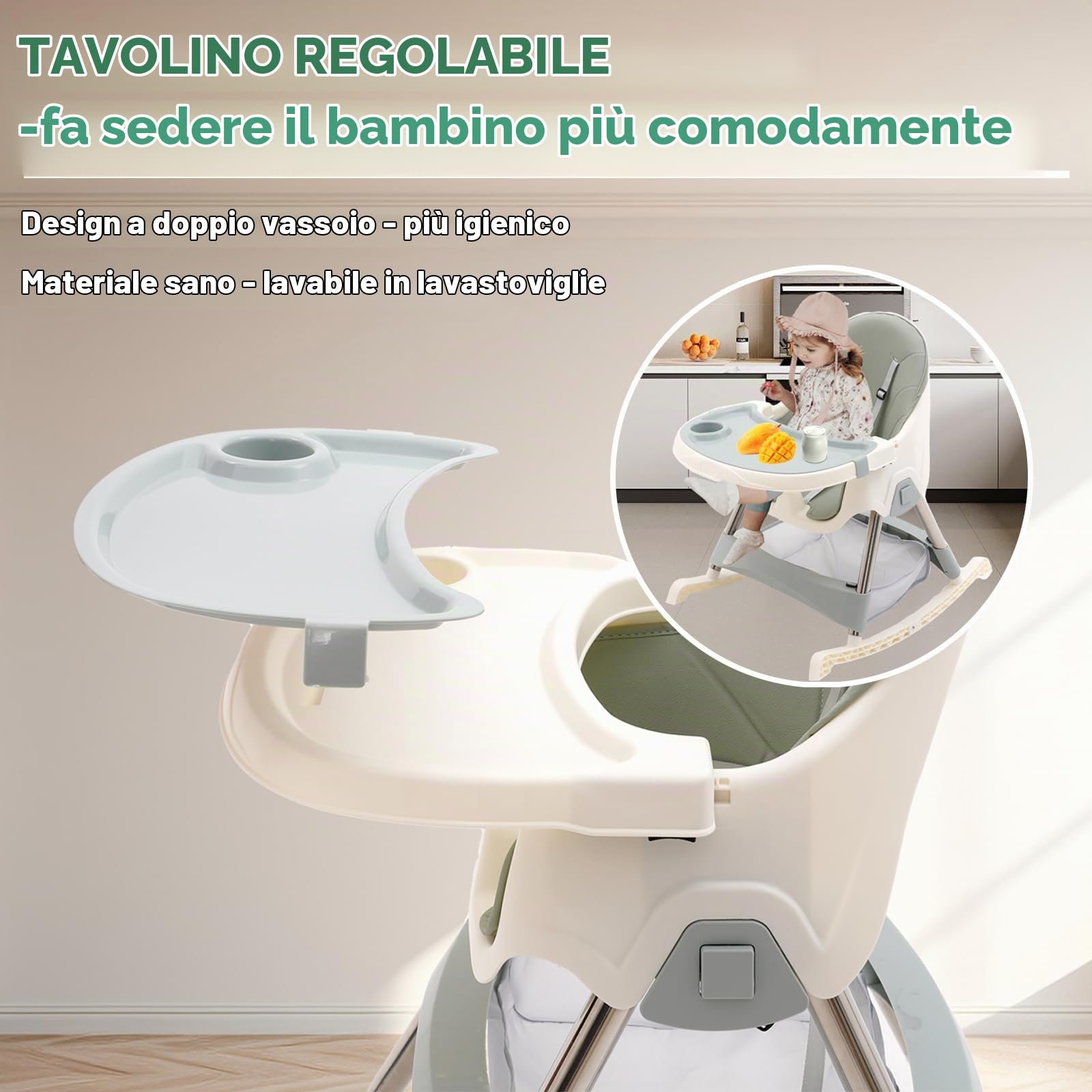 3 in1 Seggiolone Pappa, Seggiolino da Tavolo Pieghevole con tavolo e ruote Seggioline per bambini da 6 Mesi fino a 6 anni, Piatto da Cena Smontabile, Pedale e Schienale Regolabili in Altezza