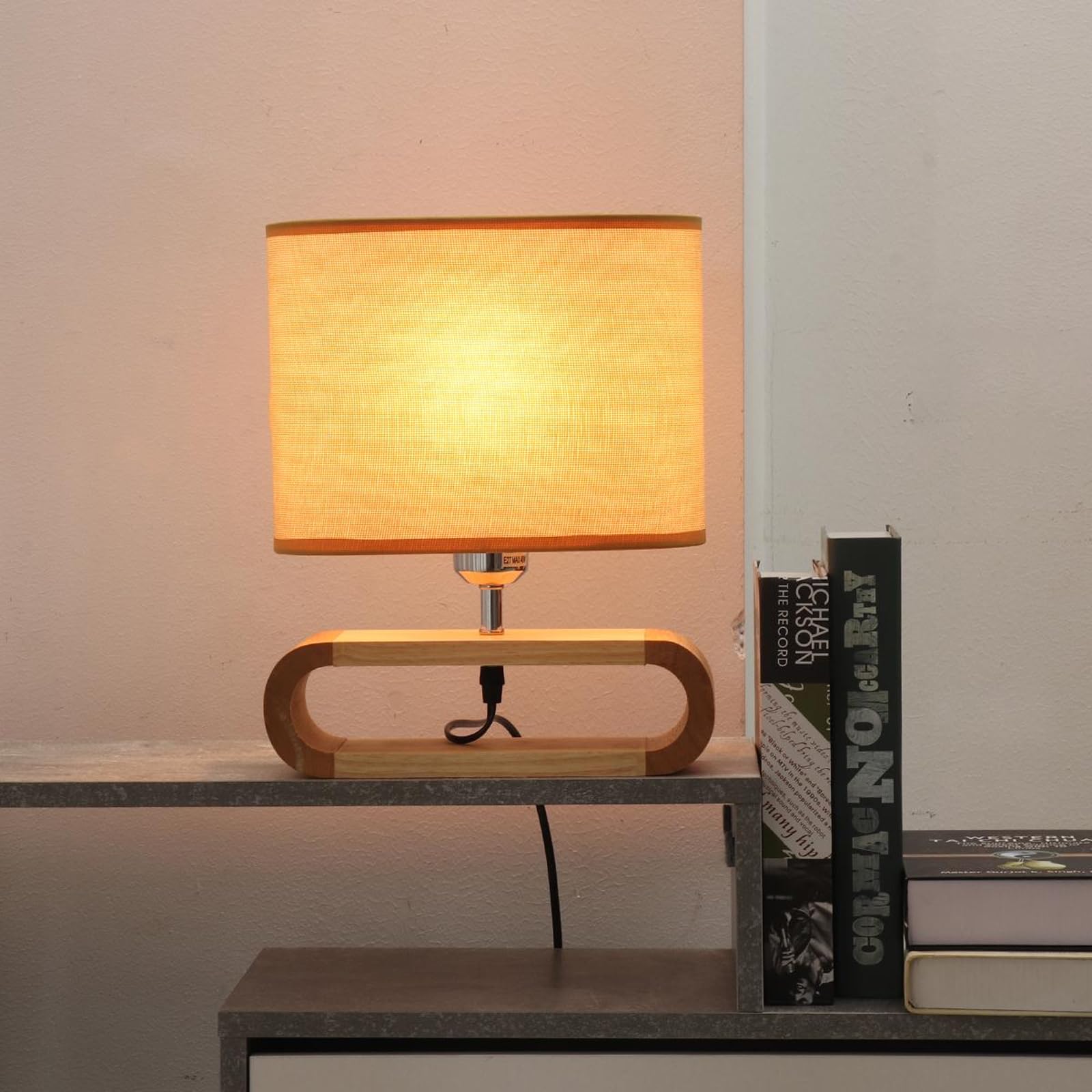 Lampada da comodino in legno, lampada da tavolo con attacco E27, lampada in legno con paralume in lino, stile country, illuminazione vintage per camera da letto e soggiorno, beige | Moderna lampada da