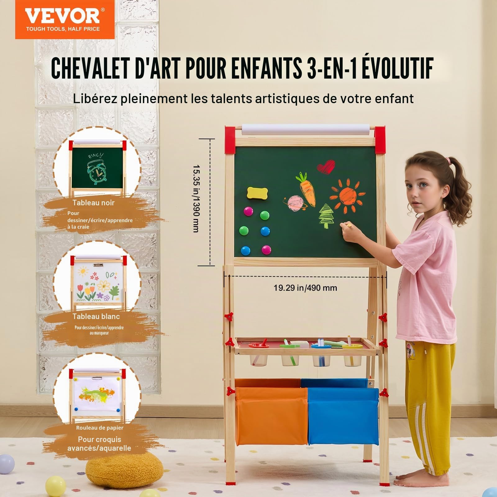 VEVOR Chevalet d'Art Enfants 3-en-1 Tableau Magnétique Blanc Noir Double Face, Planche à Dessin Bois Debout Réglable, Accessoires, Rangement, Support Rouleau Papier, pour Créativité, Garçons, Filles