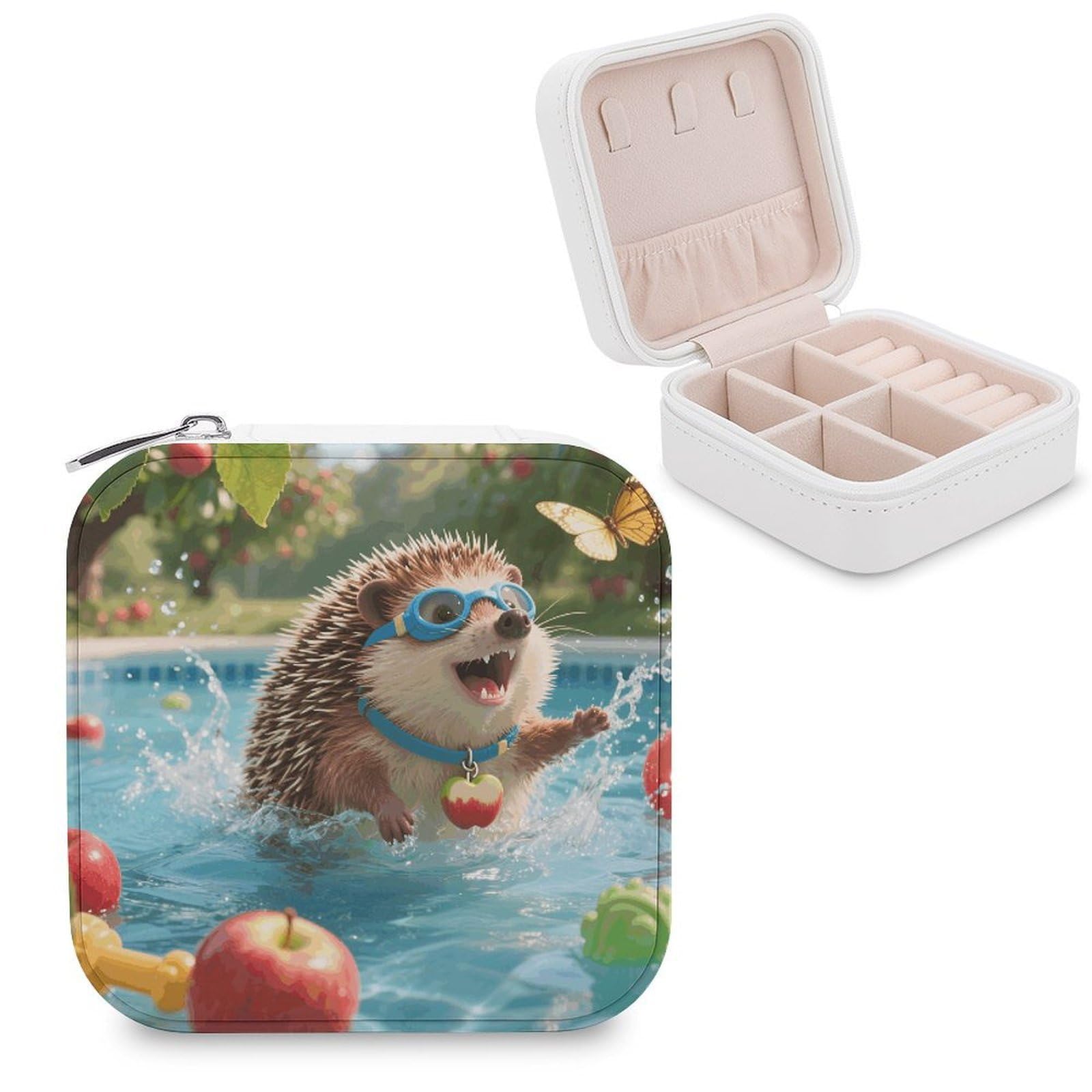 VstaDank Hedgehog Pool Dash Jewelry Organizer Travel Case for Women With Zipper Mini Jewelry Case PU Leather Jewelrys Box for Rings Necklaces Bracelets Earring Holder Organizer Storage