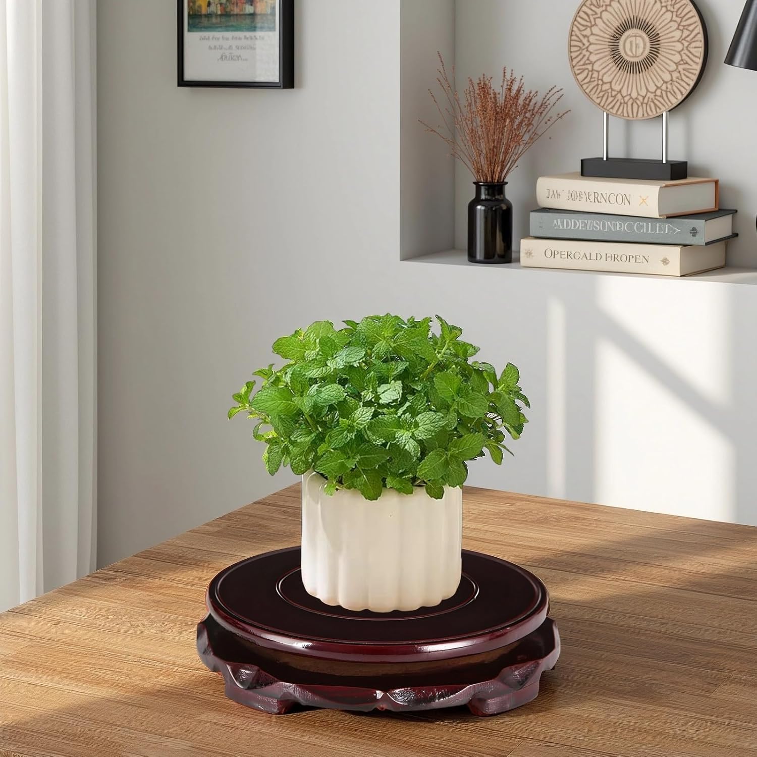 18Cm Wooden Stand, Decorative Round Plate Holder with Artistic Carving and Dark Finish