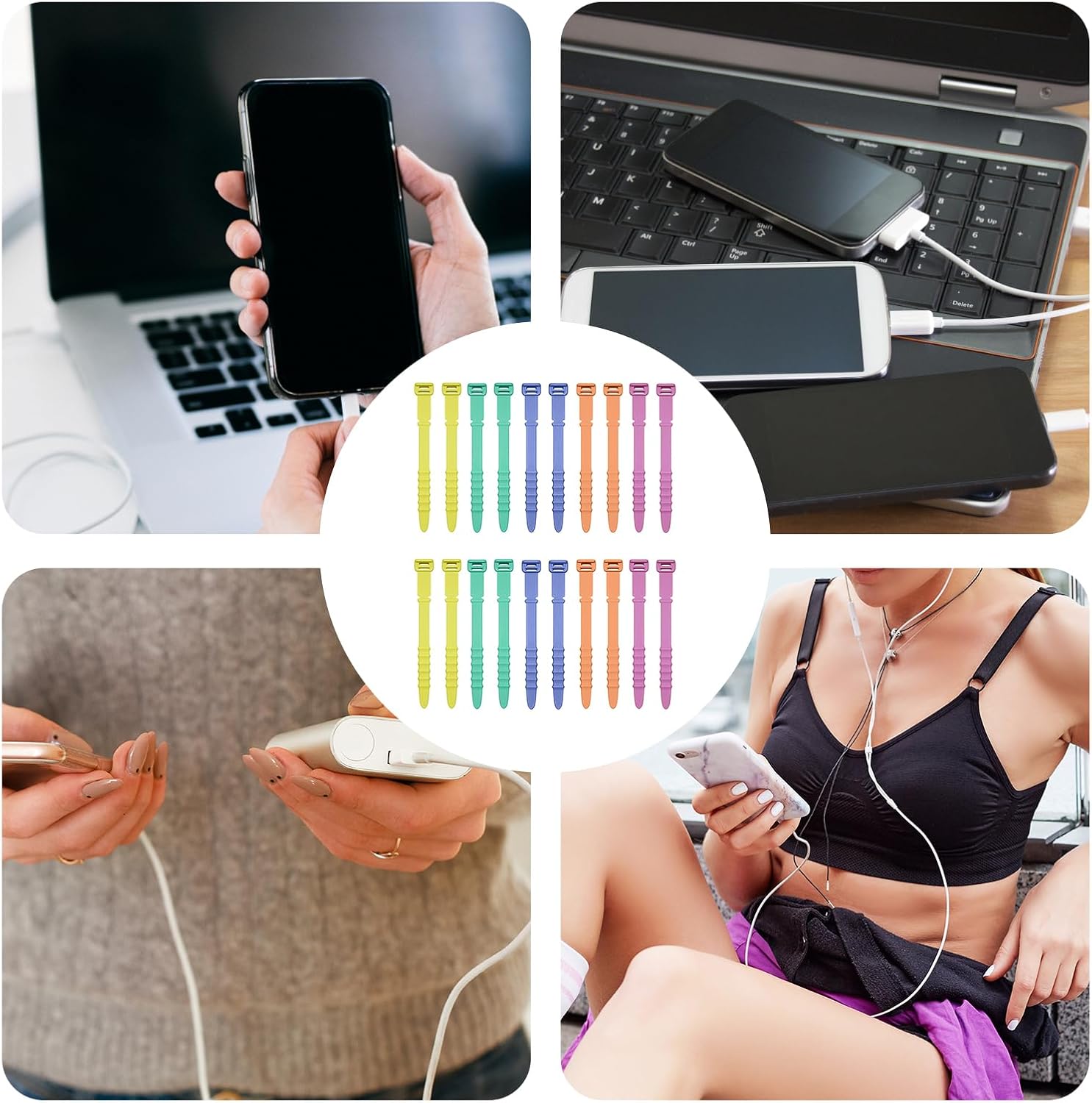 20pcs Silicone Cable Ties, Cord Organizer Straps Reusable Zip Ties Elastic Cord Management for Headphones Phone Charging Wire USB Home Office Table Organization (Yellow, Green, Pink, Orange, Blue)
