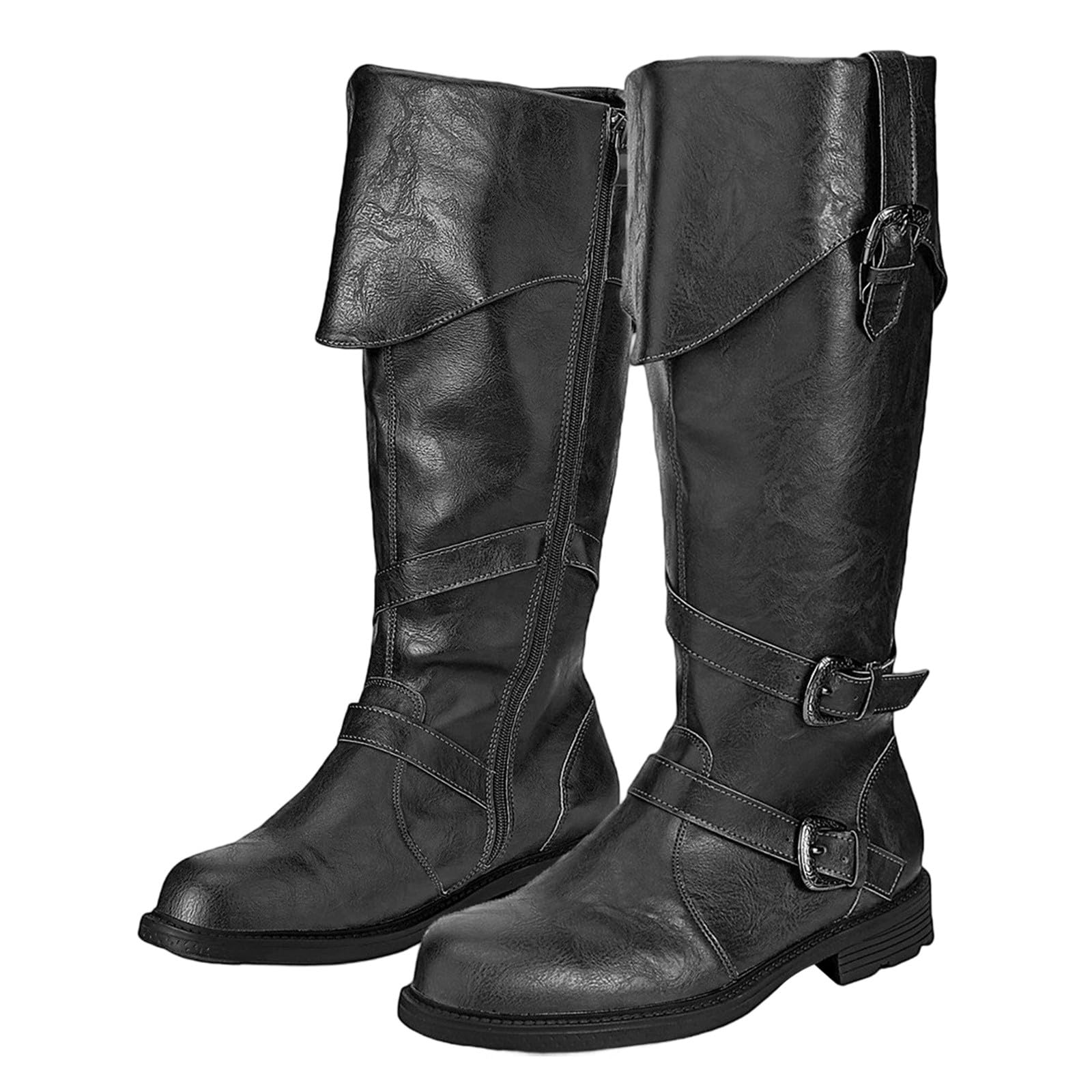 Medieval Knight Boots For Adults Cosplay - Viking Retro Long Shaft Leather Cuffed Shoes - Pu Leather Boots Renaissance Plus Size Boot Shoes With Belt Buckle Halloween Viking Cosplay