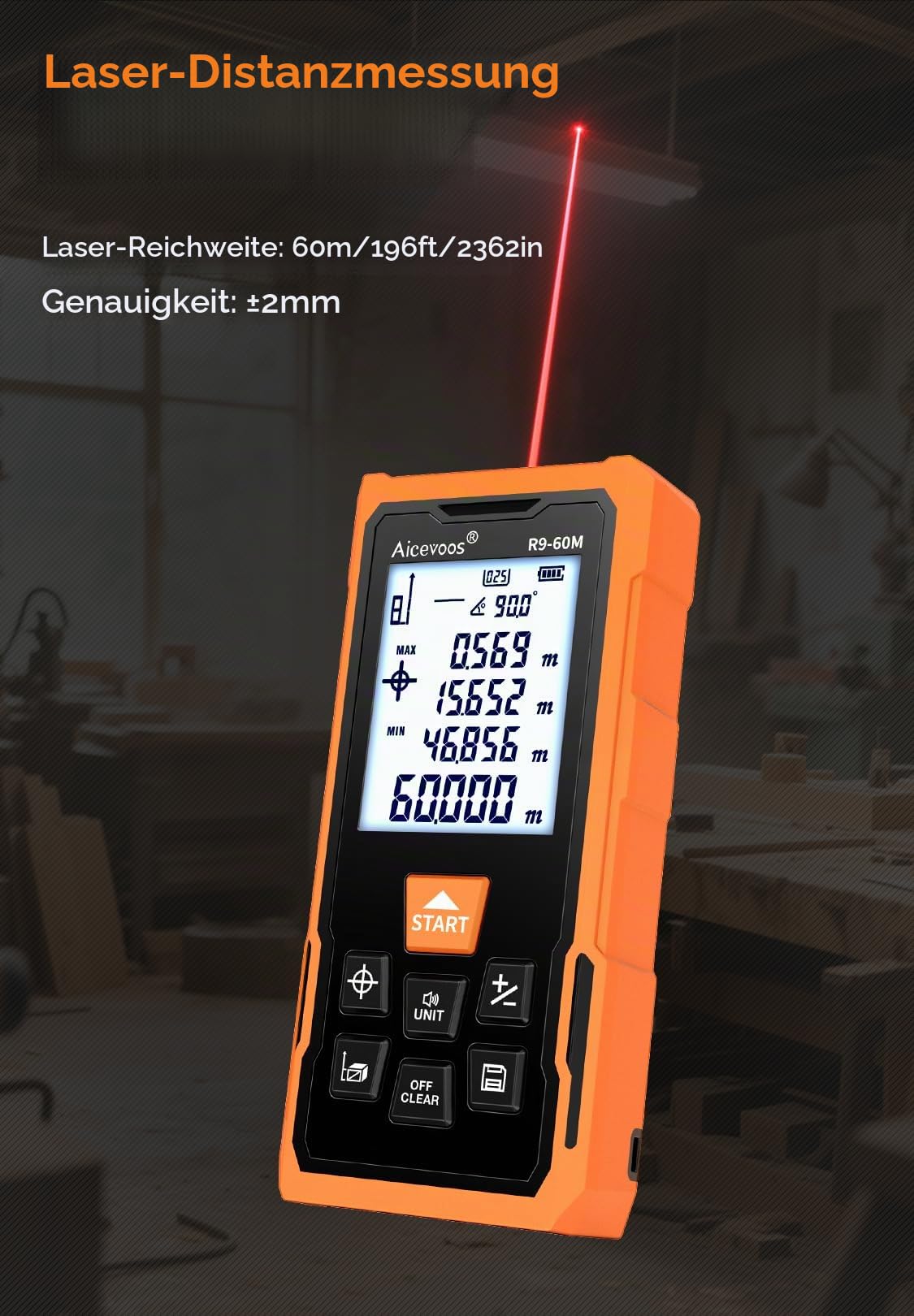 R9 Laser Entfernungsmesser Hohe Genauigkeit, 60 m, Laser-Maßband, Compaktes Laser-Messgerät mit Größerem Hintergrundbeleuchtetem LCD-Display und Kreuzlaser, ft/m/in-Umschaltung, Wasserwaage