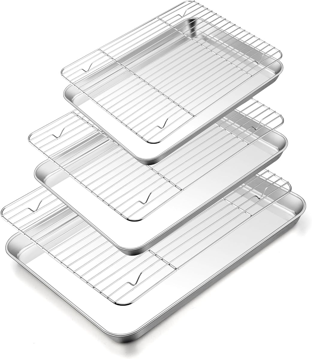 TeamFar Baking Sheet with Rack Set (3 Pans + 3 Racks), 16/12.5/10.5 Inch Stainless Steel Cookie Sheets Baking Pans Trays and Cooling Racks for Cooking Roasting, Non-Toxic & Heavy Duty, Dishwasher Safe