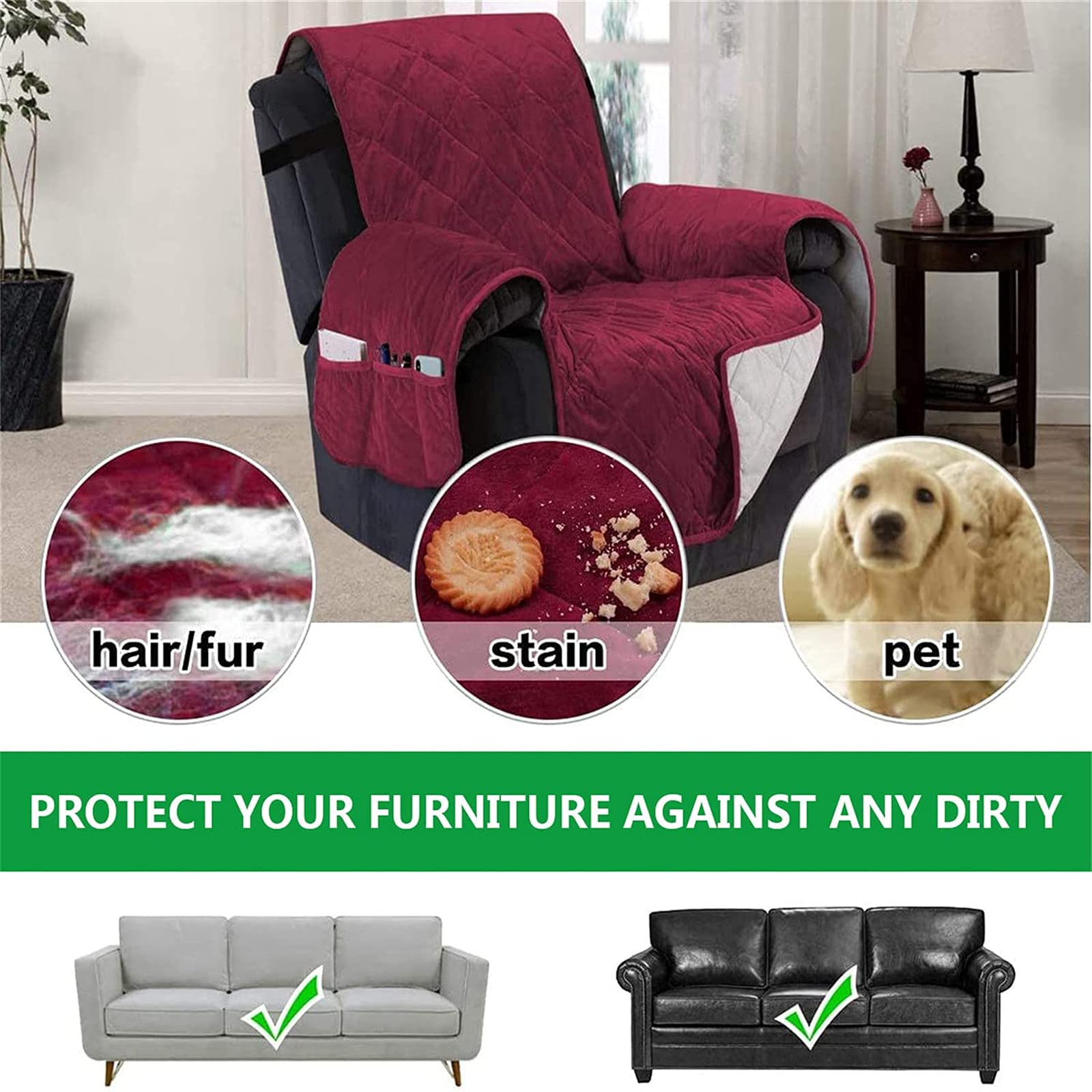 Sesselschoner für Fernsehsessel Relaxsessel,Relaxsessel mit Taschen Sesselauflage Sesselüberwurf, Wasserdicht Sesselschutz für Hunde Haustieren (Sessel (23in),rot)
