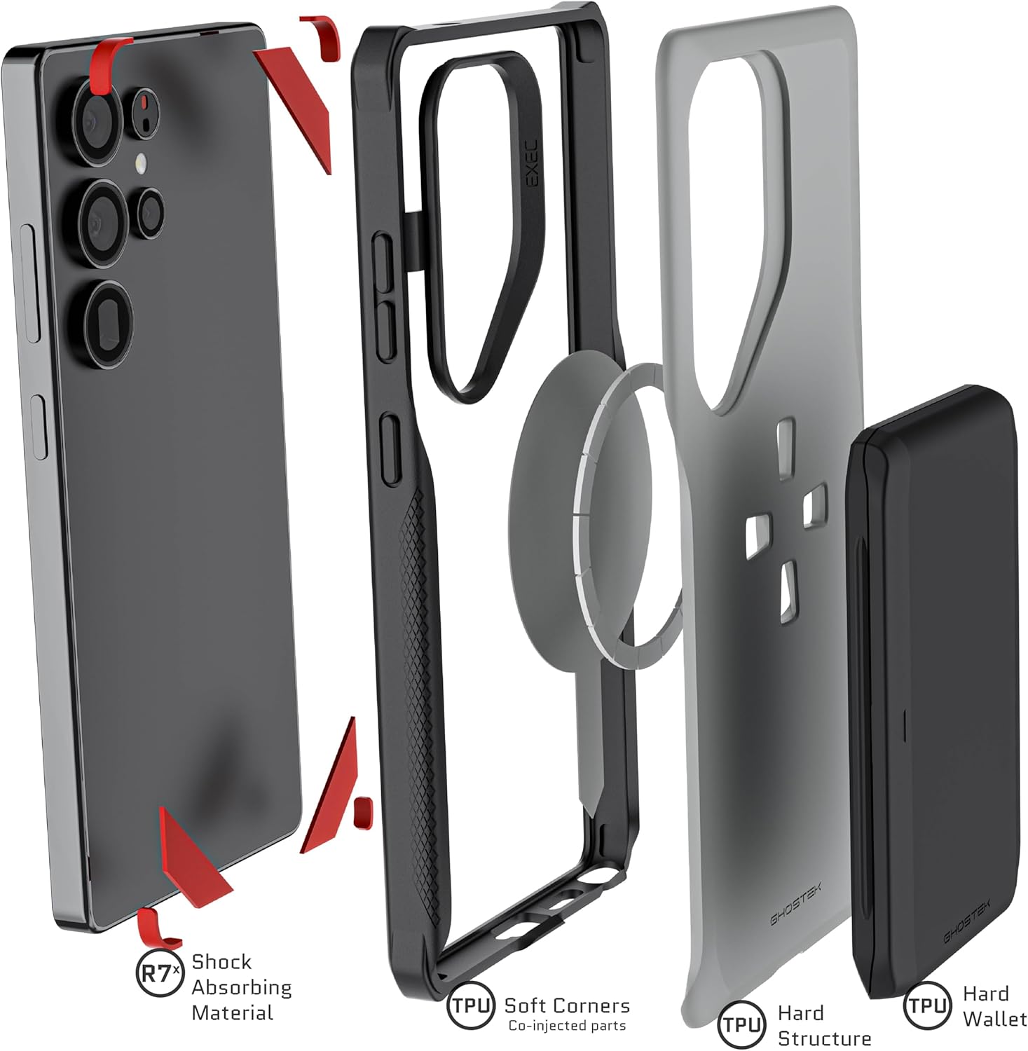 Ghostek Exec S25 Ultra Wallet Case with Detachable Magnetic Card Holder, Compatible with MagSafe Accessories Designed for Samsung Galaxy S25Ultra 2025 (6.9") (Gray) - Image 6