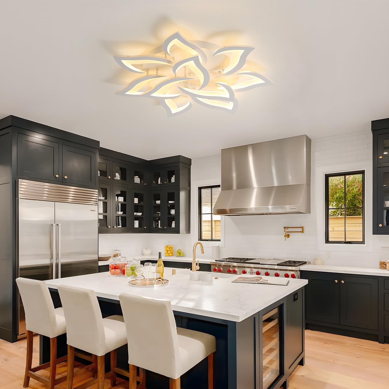 Goeco Lamparas de Techo Salon, 60W Plafon LED Techo Moderno Blanco Diseño Flor Pétalos, Luz de Techo LED Dormitorio para Cocina, Comedor, Estudio, Oficina, Luz Blanca Cálida 3000K, 80CM