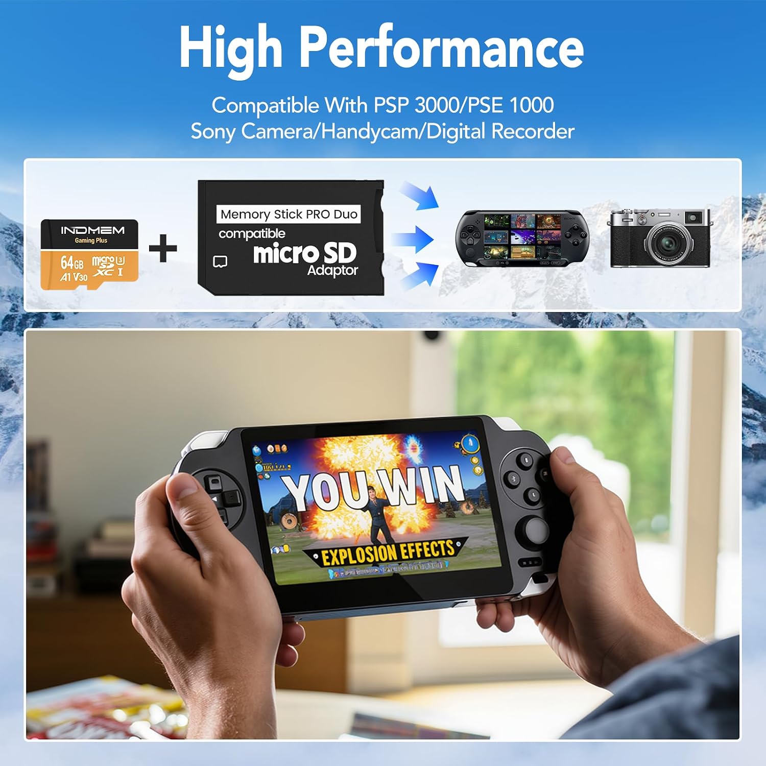 Memory Stick PRO Duo Adapter with 64GB MicroSDXC Card U3 V30,Micro SD/SDHC/SDXC to Memory Stick PRO Duo MagicGate Card,Compatible with PSP3000/E1000,Cybershot Camera,Handycam,Smartphone