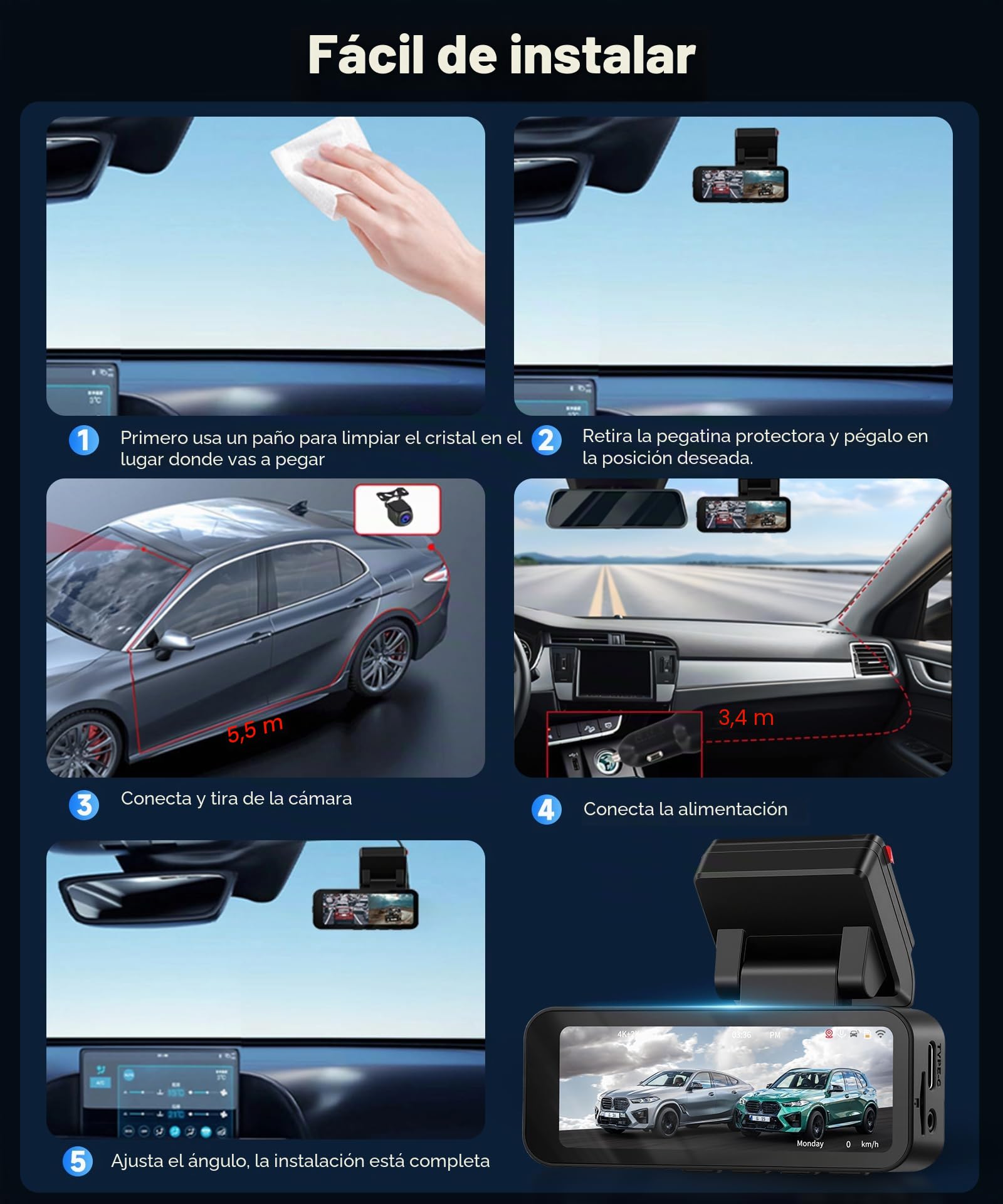 VECHTEL 4K+2K Dashcam Coche Delantera y Trasera con WiFi 5G, 2*Cámara de Coche 1080P, Pantalla IPS de 3.16 Pulgadas, Monitoreo de Estacionamiento 24H, Visión Nocturna, Sensor G, con Tarjeta de 64GB