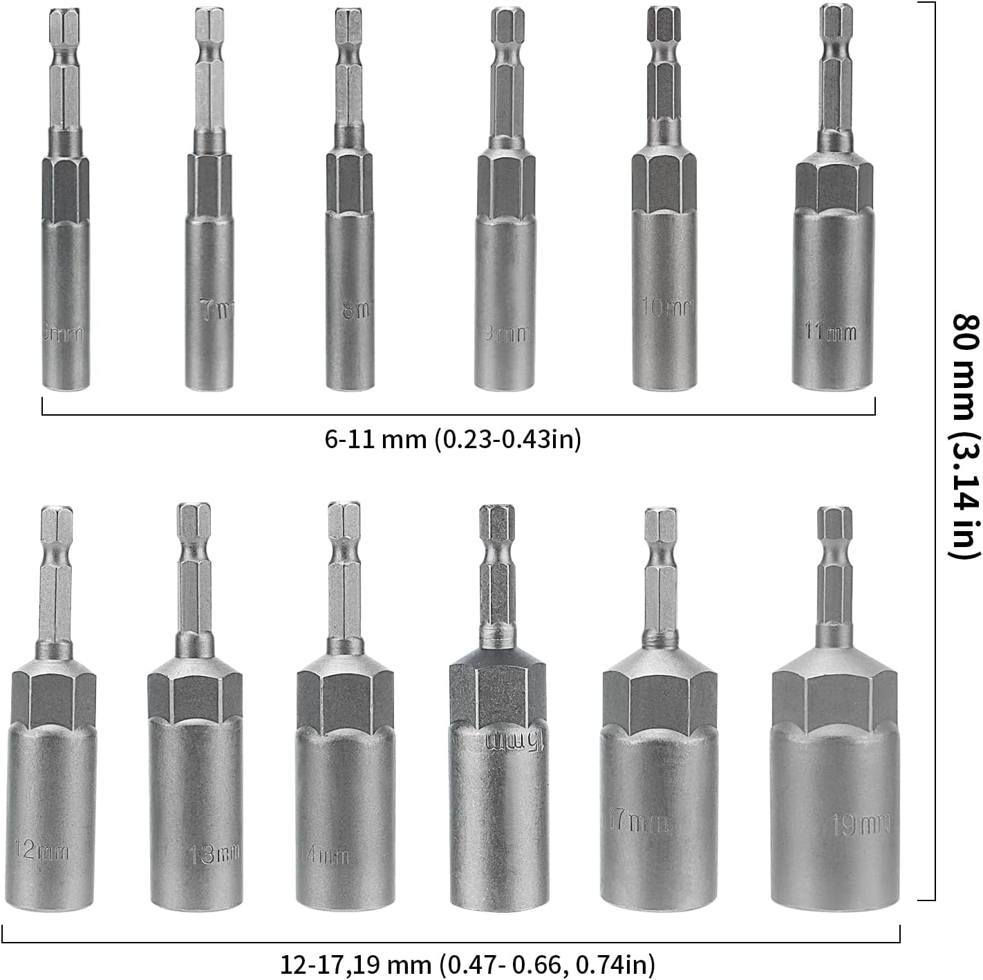 12PCS Deepen Hexagon Sockets Set, 6-19mm Hex Shank Nut Setter Driver Hex Drill Bits, 1/4 Inch Hex Shank Nut Setter Driver Drill Bit Set for Screwdriver, 80mm Length
