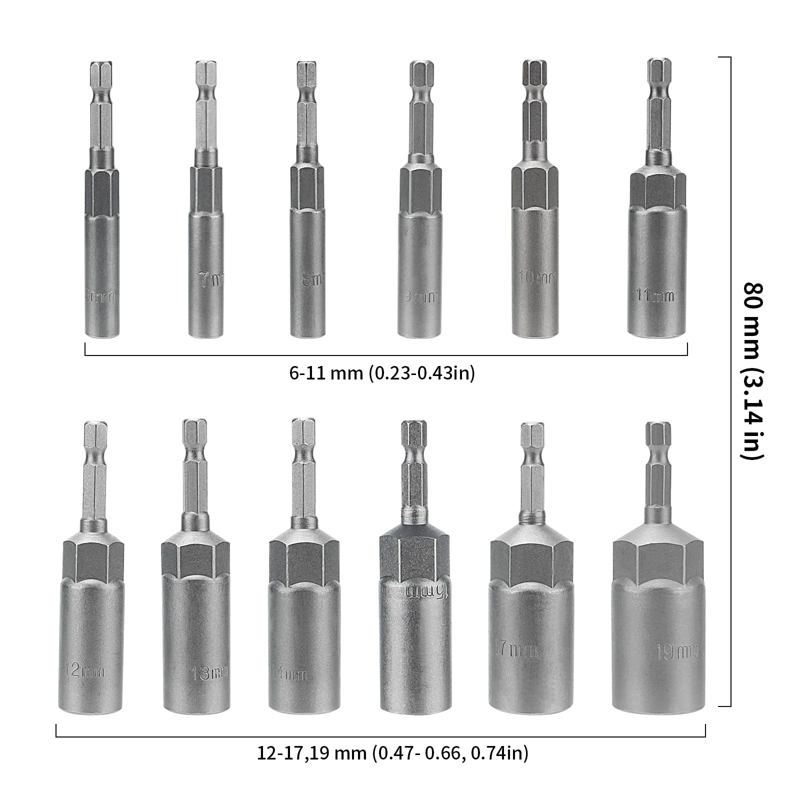 DAKFOOK 12PCS Deepen Hexagon Sockets Set, 6-19mm Hex Shank Nut Setter Driver, 1/4 Inch Hex Drill Bit Set for Screwdriver 80mm Length - Image 2
