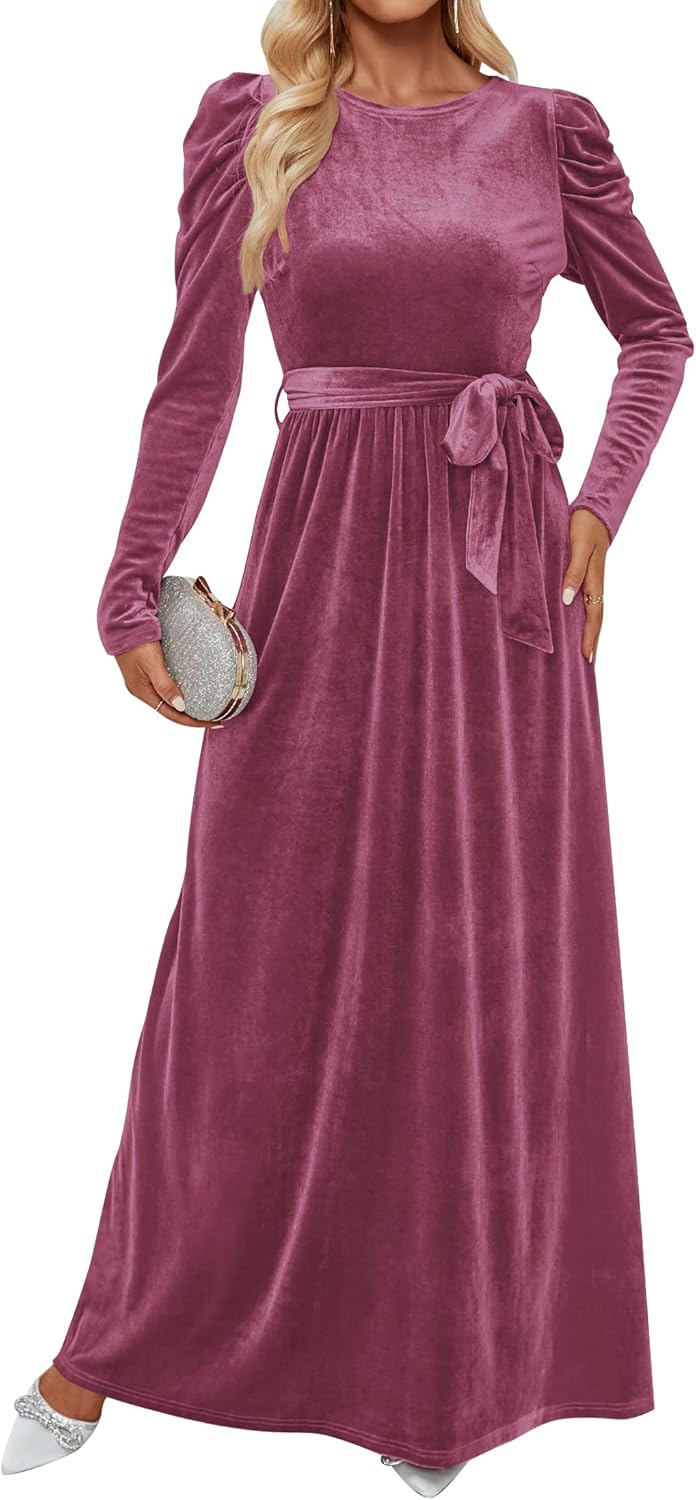 ZESICA Women's Velvet Maxi Dress Fall 2025 Long Puff Sleeve Crew Neck Elastic High Waist Cocktail Party Bridesmaid Dresses