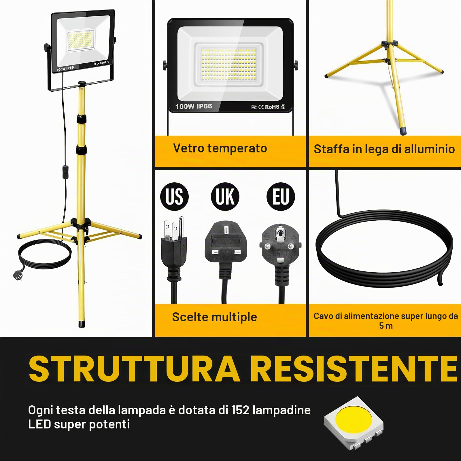 100W Faretto LED da Cantiere con Regolabile Treppiede, Proiettore LED da Lavoro Bianca 6000K, Cavo da 5m, IP66 Faro Led Illuminazione Interna Esterna per Officina Garage