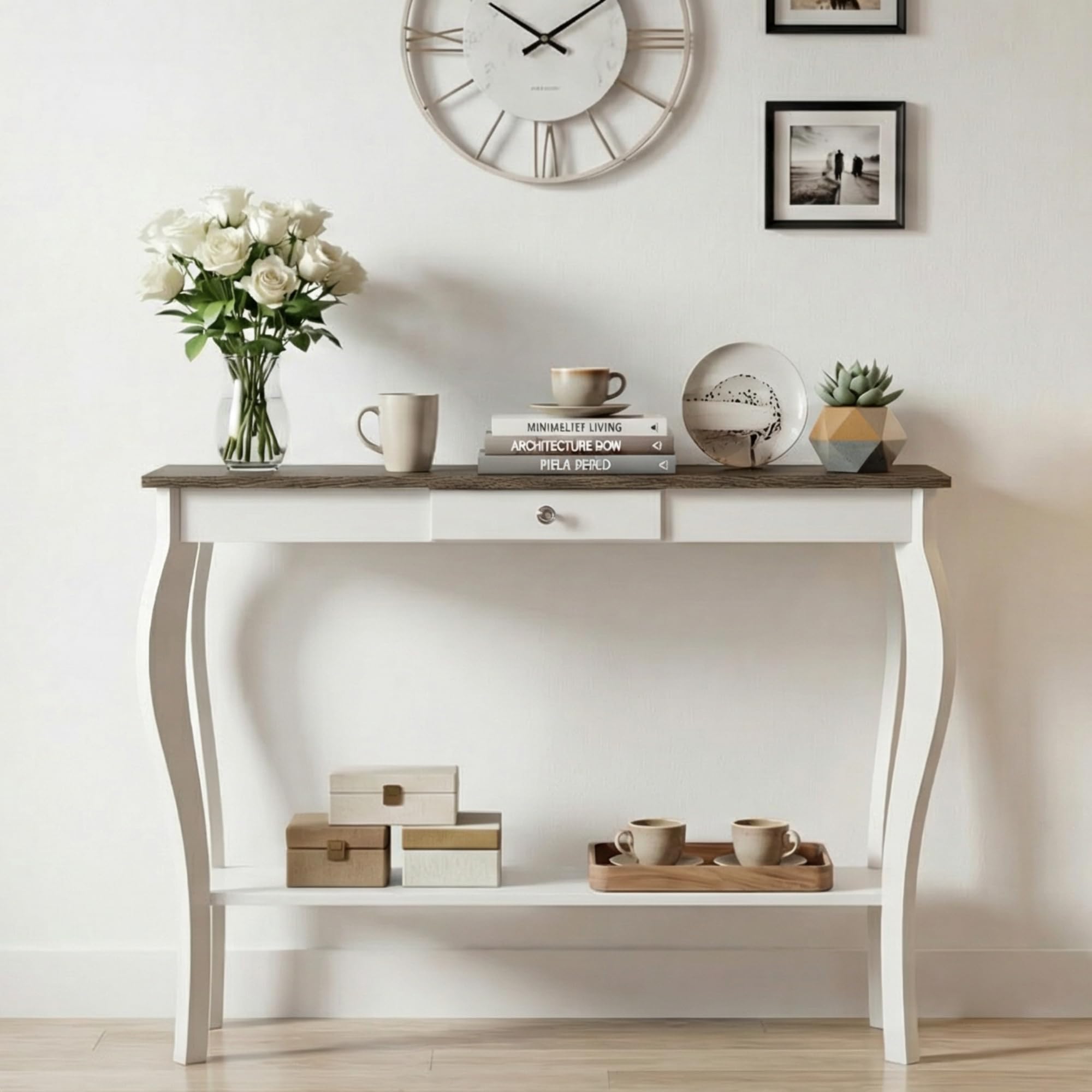 ChooChoo Narrow Farmhouse Console Table with Drawer, Chic Accent Sofa Entryway Table with Shelves for Entryway, Living Room, Hallway, Soft White