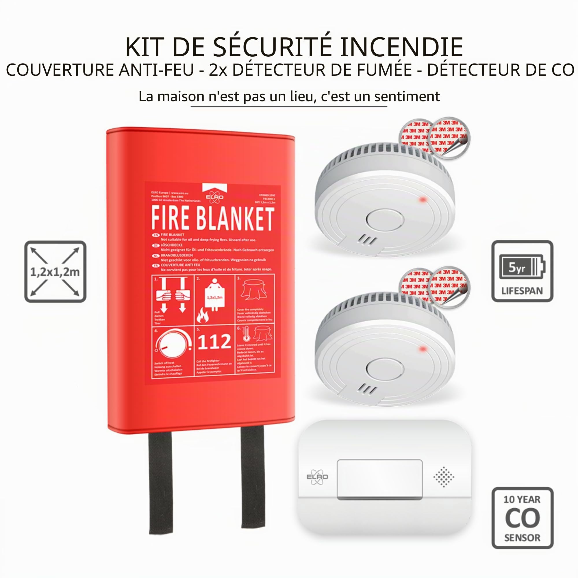 ELRO FF0404 Kit de Protection Contre l'incendie - 2X détecteur de fumée avec Batterie de 5 Ans et Montage magnétique - Détecteur de CO avec capteur de 10 Ans - Couverture Anti-feu Rigide 1,2m x 1,2m