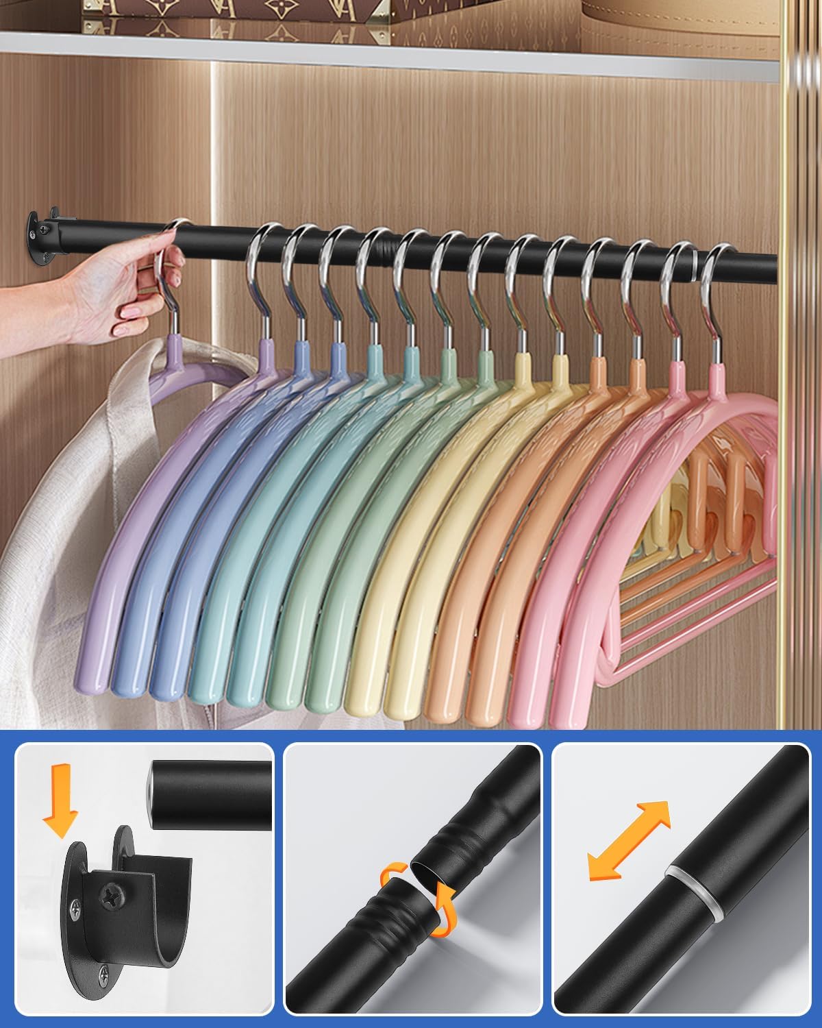 FIRJOY Closet Rods for Hanging Clothes - Heavy Duty, Length Adjustable (Black, 66.5 - 76)