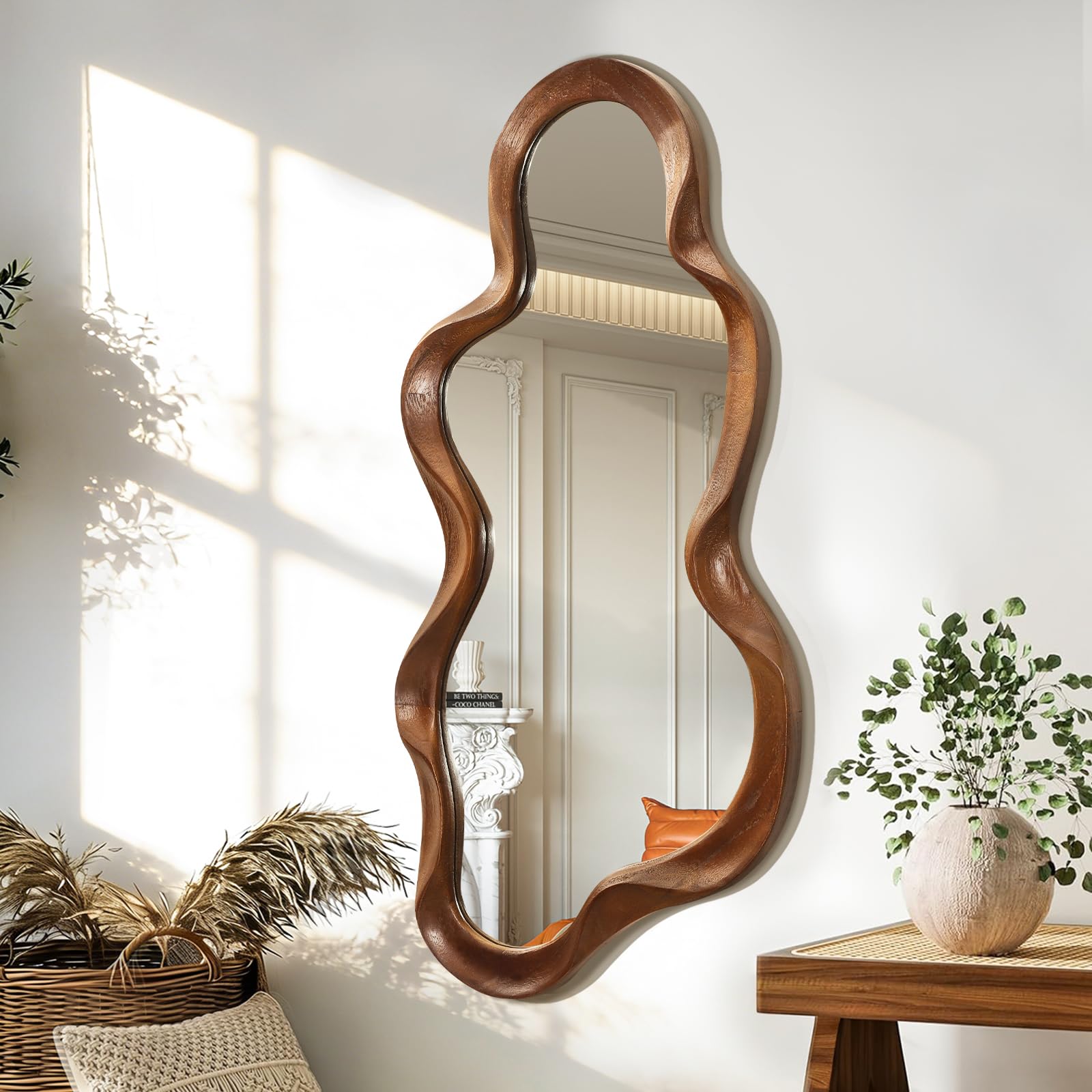 Lzuso Large Asymmetrical Wall Mirror Irregular Wood Frame Modern Unique Wall-Mounted Artistic Wavy Mirrors Decor Bathroom Vanity Bedroom Living Room Entryway Hallway 90x50cm