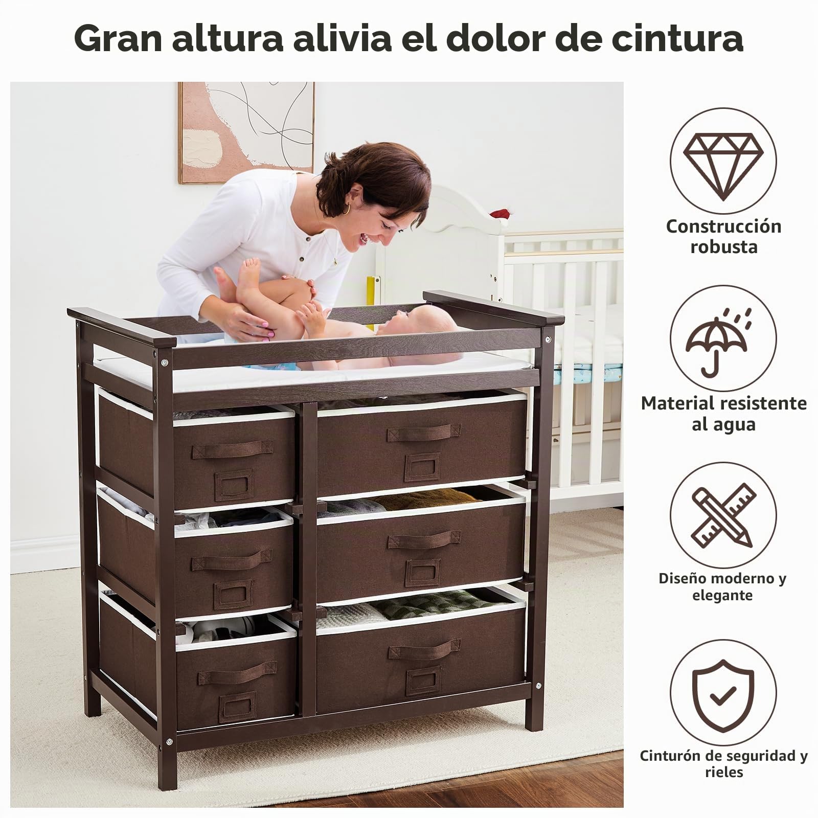 GarveeHome Cambiador de pañales moderno de madera con 6 cajones - Colchoneta incluida - Almacenamiento amplio y multifuncional - Ideal para recién nacidos y guardería - Color marrón