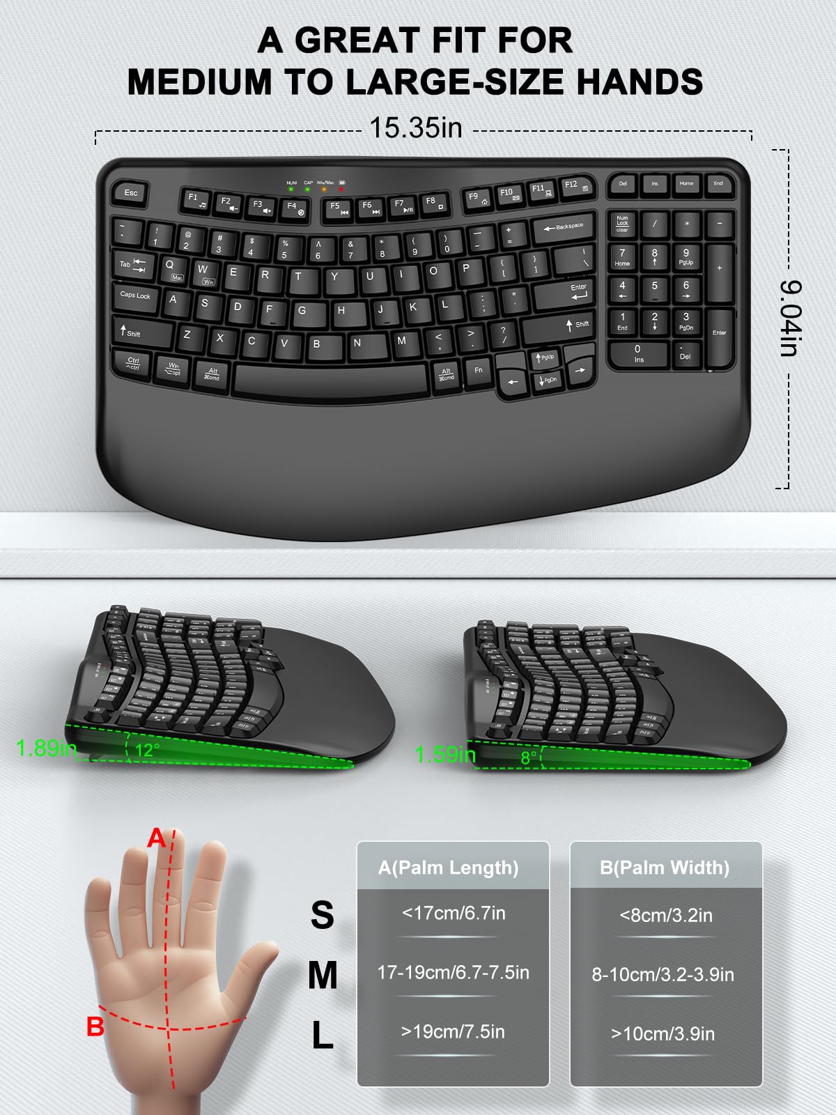 EDJO Teclado inalámbrico ergonómico con reposamuñecas, teclas onduladas, escritura natural cómoda, teclado inalámbrico Ergo de 2.4 GHz para computadora, Windows, Mac OS, portátil, PC (negro)