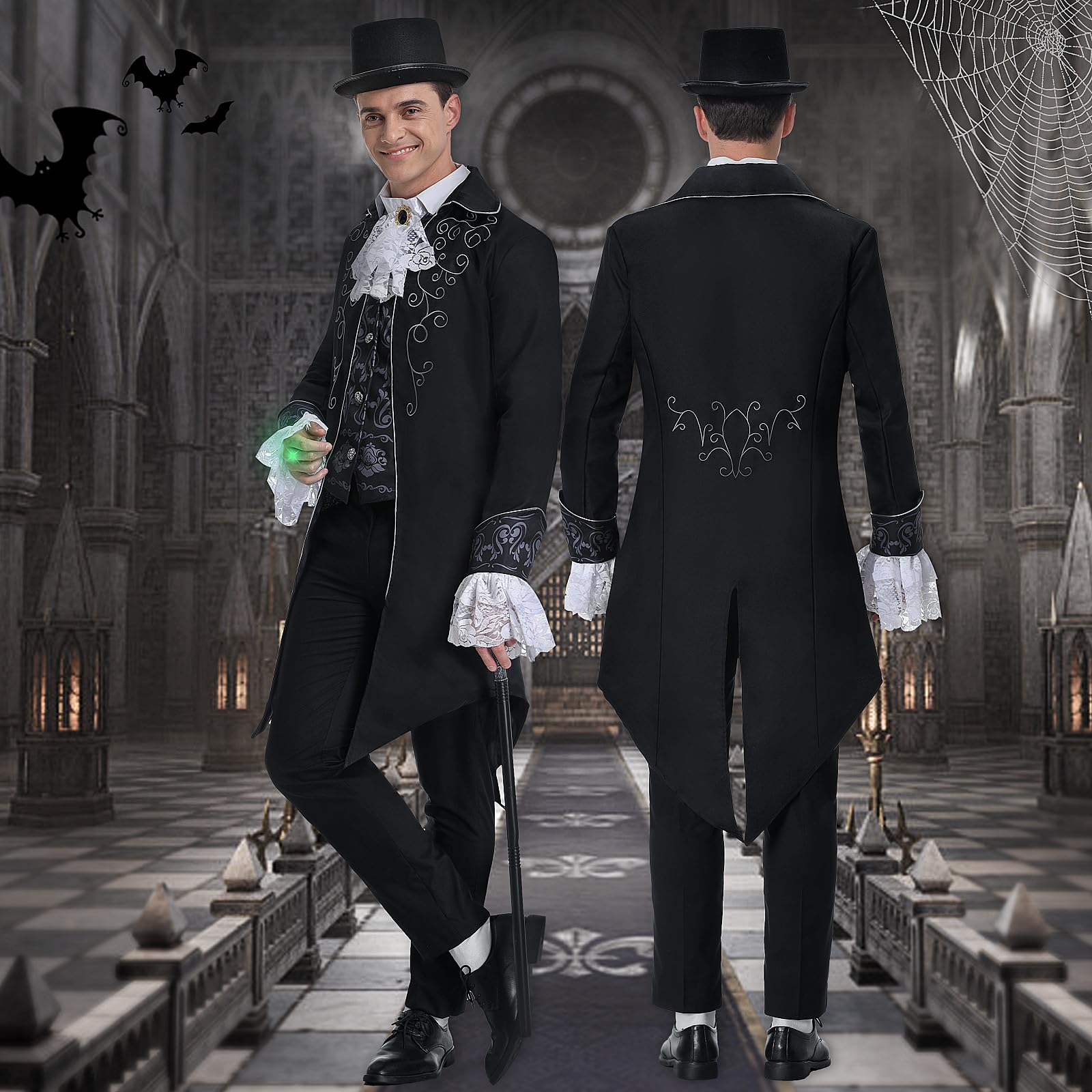 IEEILULU Veste Steampunk pour Homme, Médiéval Veste Victorienne Manteau, Gothique Renaissance Gothique Homme Steampunk avec Dentelle Jabot Menottes pour Halloween Cosplay