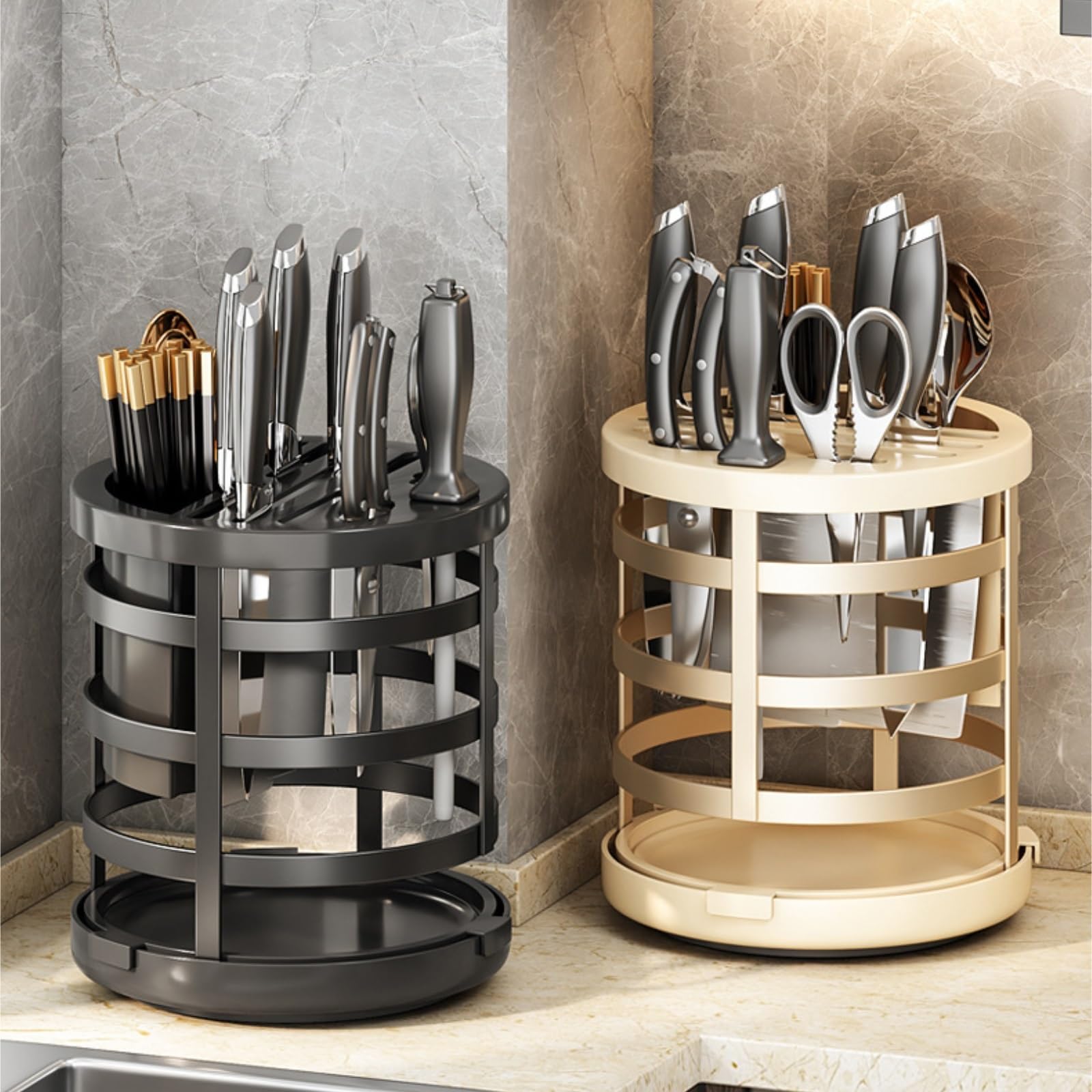 Bloque para Cuchillos Utensilios De Cocina Soporte Giratorio De 360° For Cuchillos, Organizador Cocina con Bandeja Extraíble Herramientas(Gray)
