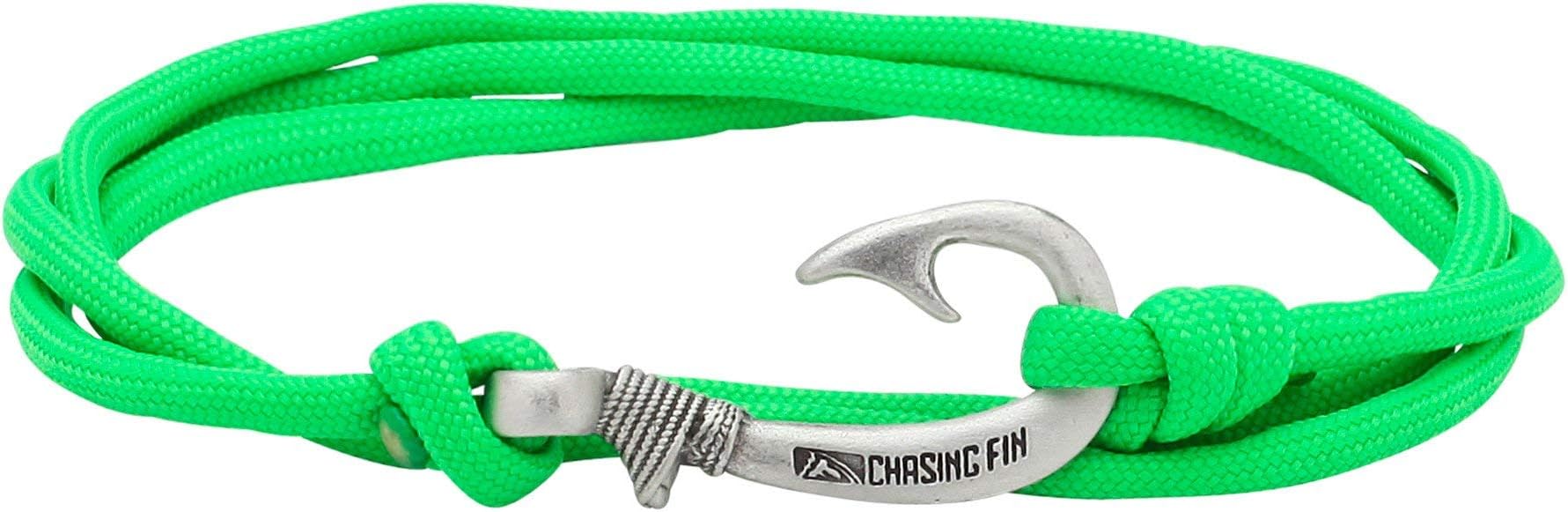Chasing Fin Fish Hook Pendant Bracelet - Cool 30-Inch Military-Grade 550 Paracord Bracelet & Anklet - Adjustable Size, 100% Nylon Nautical & Fishing Accessory - J-Hook Pendant, Pewter - Neon Green
