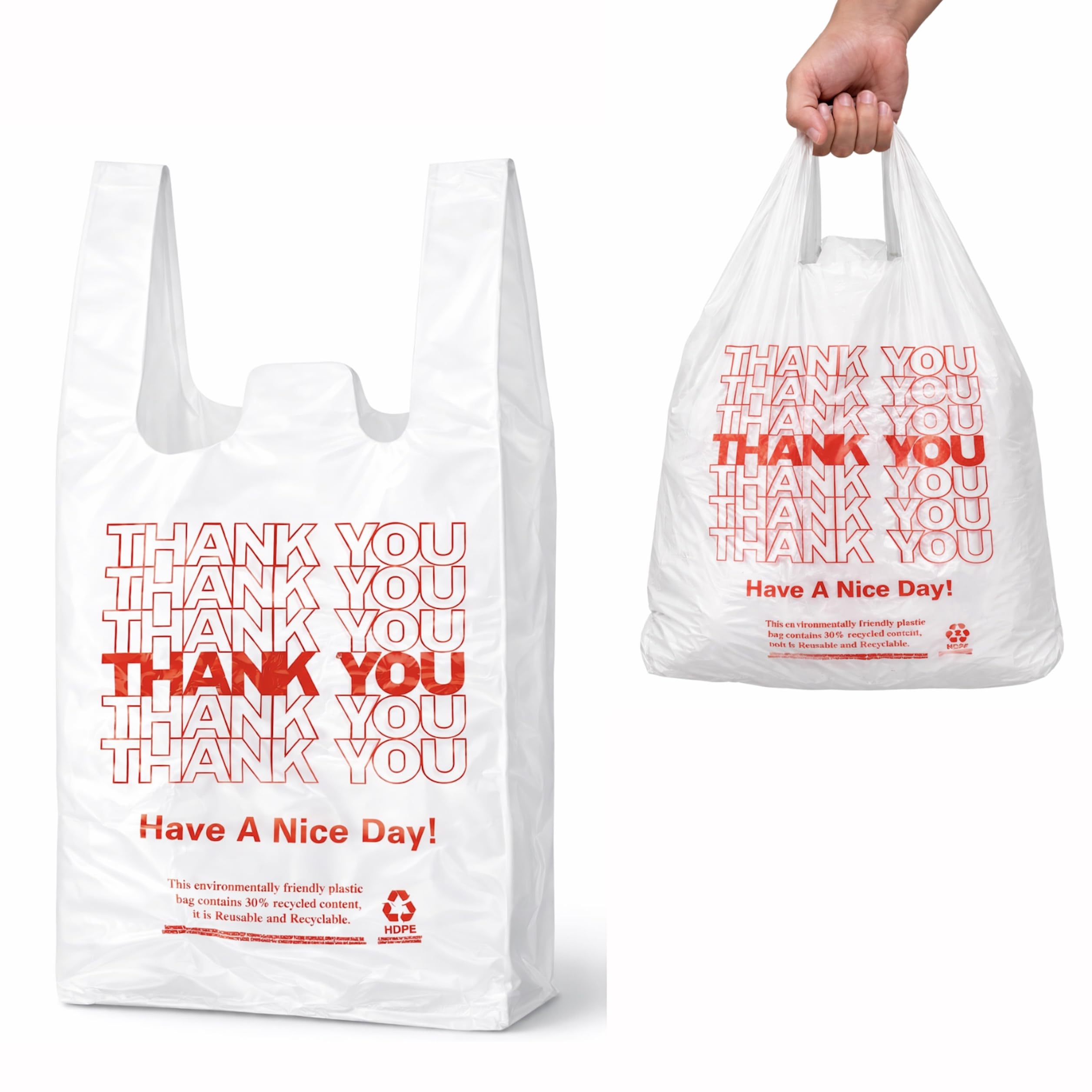 YoYoRain 200 Count White Thank You T-Shirt Bags, 11 x 6 x 21 in