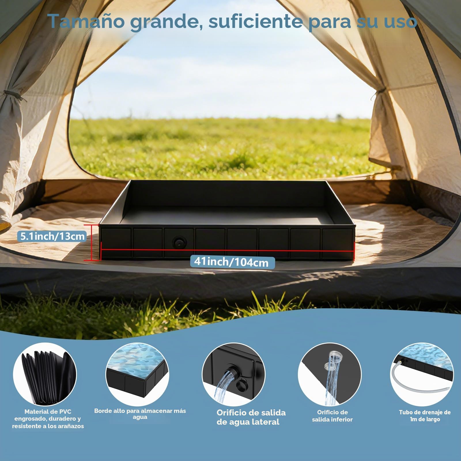 Base de ducha plegable, 104 x 104 x 13 cm, bandeja de ducha portátil para camping, con tubo de drenaje, 2 agujeros de aguas residuales, base de tienda de ducha, tienda de campaña, base de ducha para