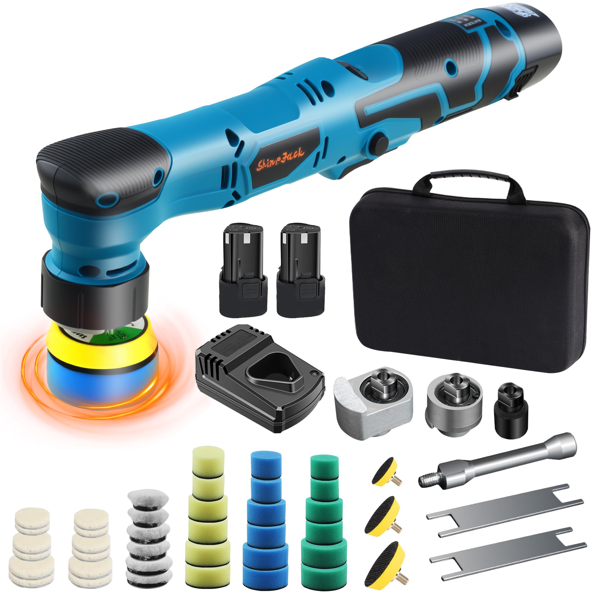 SHINEJACK Cordless Mini Car Polisher, 1 Inch 3 Inch Dual Action & Rotary Polishing Machine for Car Detailing, Waxing, Polishing, Scratch Removing Blue