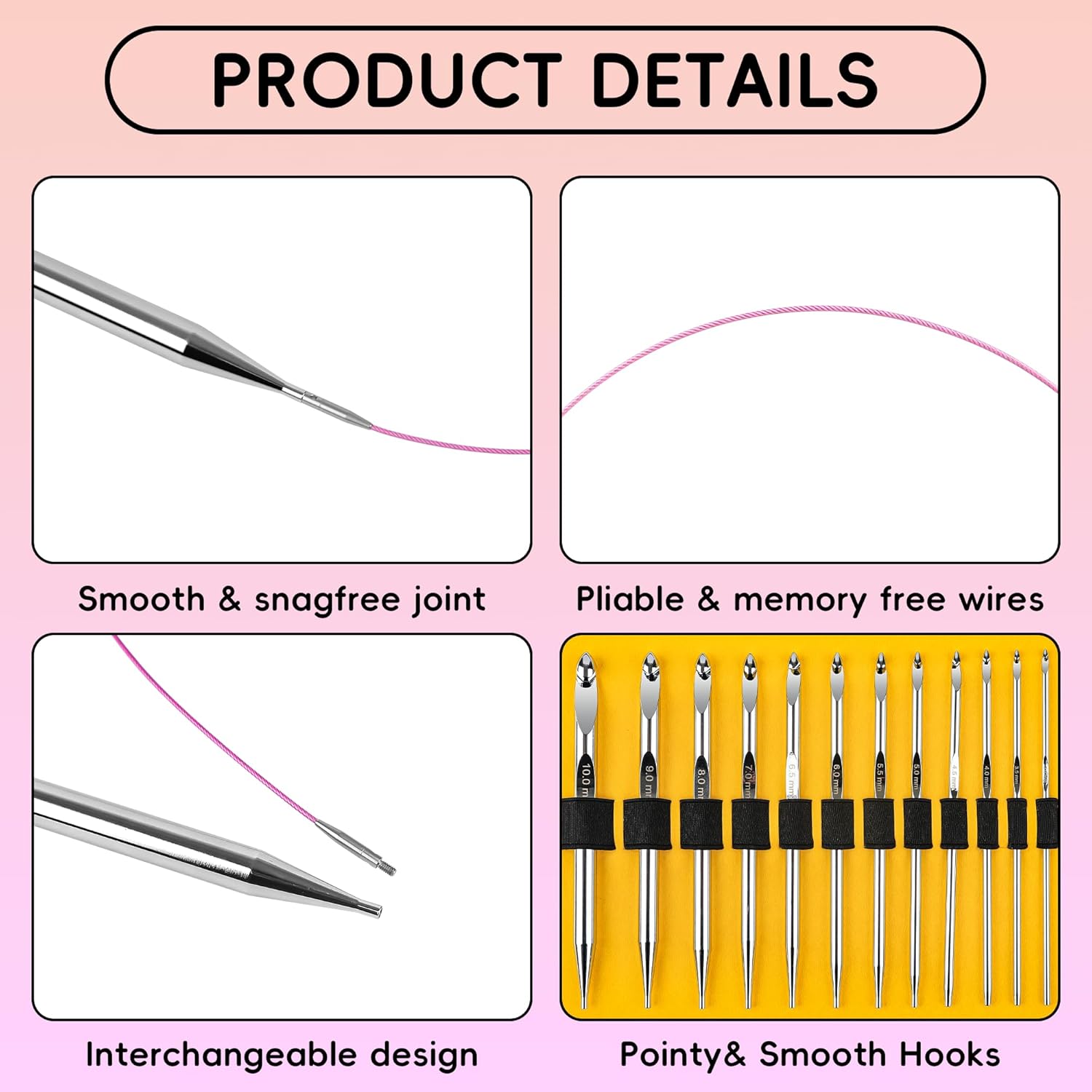 Tunisian Crochet Hooks Set - Tunisian Crochet Hook, Interchangeable Metal Tunisian Crochet Hooks Set with Cable, Tunisian Crochet Hooks, Nickel Plated Aluminum, Ergonomic 3mm-10mm, 26-Piece Set