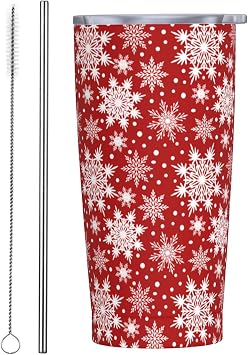 Perinsto Christmas Snowflakes 20oz Travel Tumbler With Lid And Straw, Winter Snowflake Red Stainless Steel Tumblers Insulated Coffee Cup Mug Gift For Men Women