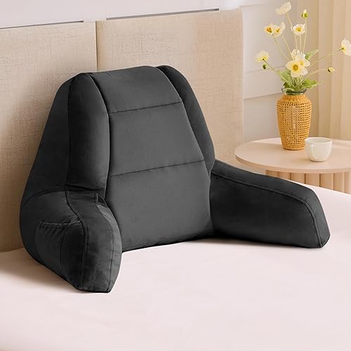 IASEAHK Reading Pillows for Sitting in Bed Adult, Back Pillow for Bed Sitting Up, Backrest Pillows with Shredded Foam for Adult&Teens, Support Pillow with Arms for Beds, Couch, Floor, 18in, Black - Black - Standard-M(18inch)