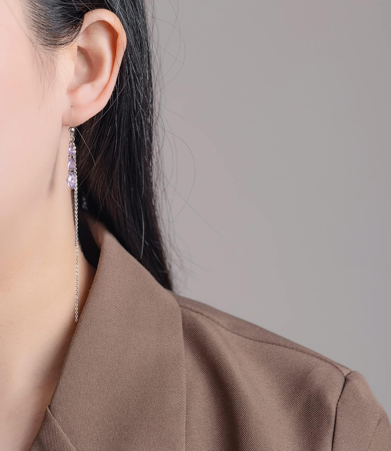 Plastic Earrings,KMEOSCH Stylish and Comfortable Plastic Drop Earrings with Hypoallergenic Hooks for Sensitive Ears - Purple Cubic Zircon Dangle and Tassel - Image 2