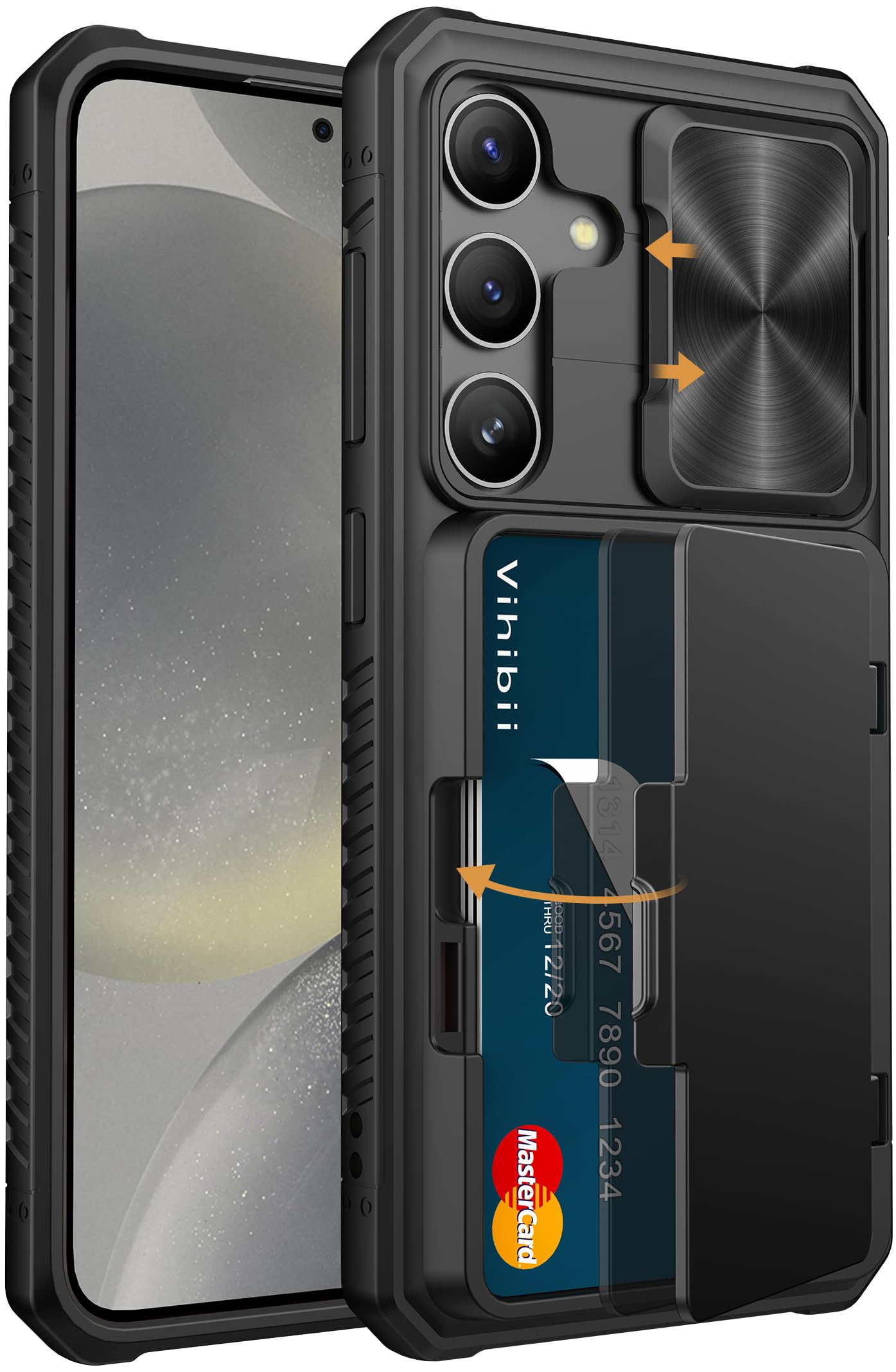 Vihibii for Samsung Galaxy S24 Case with Card Holder (4 Cards) & Slide Camera Cover & Kickstand, Shockproof Rugged Hard Back & TPU Soft Edge Wallet Phone Case for Samsung Galaxy S24 6.2" 2024, Black