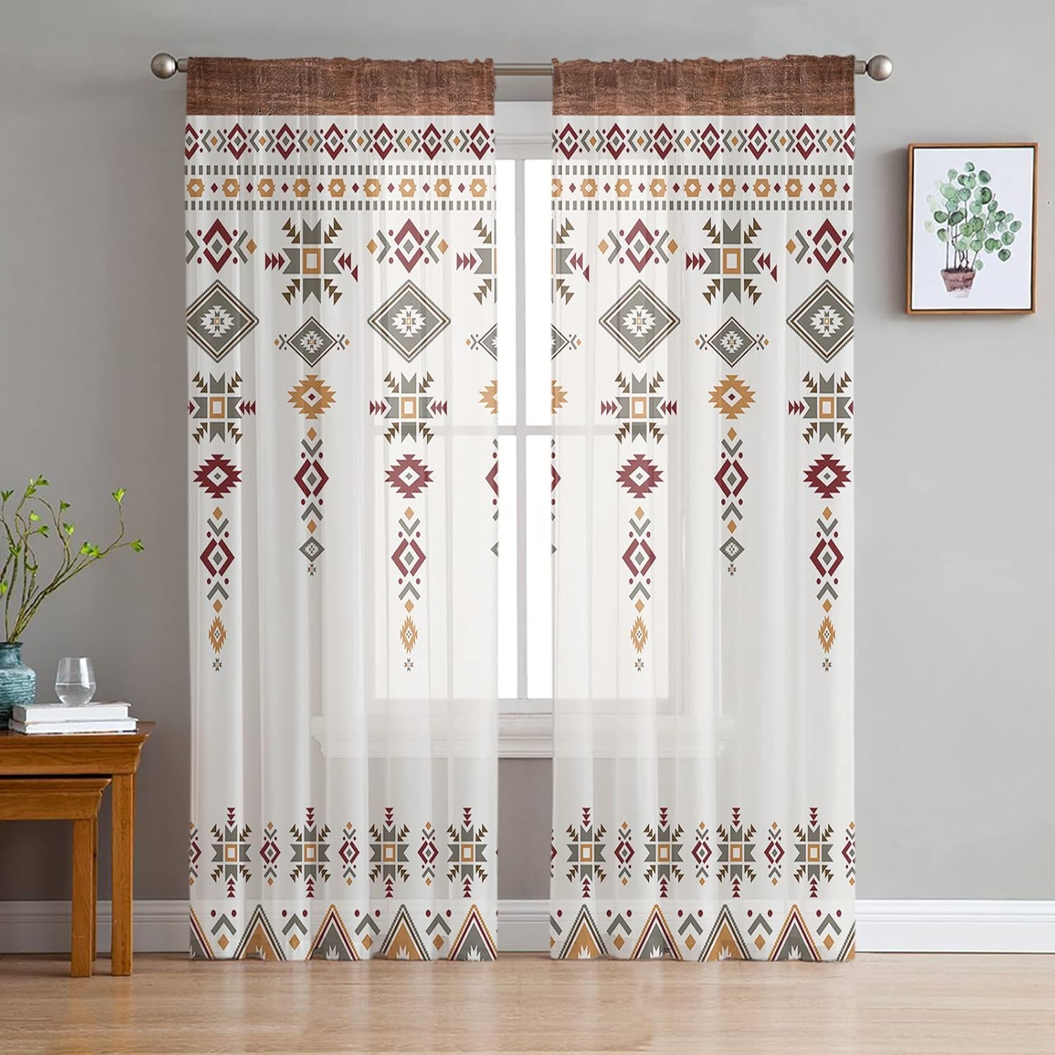 Sheer Curtains 45 Inches Long, Southwest Native American Tribal Totem Boho Window Treatment Panels Light Filtering Rod Pocke Curtain Voile Drapes for Bedroom/Living Room Each 52" W x 45" L