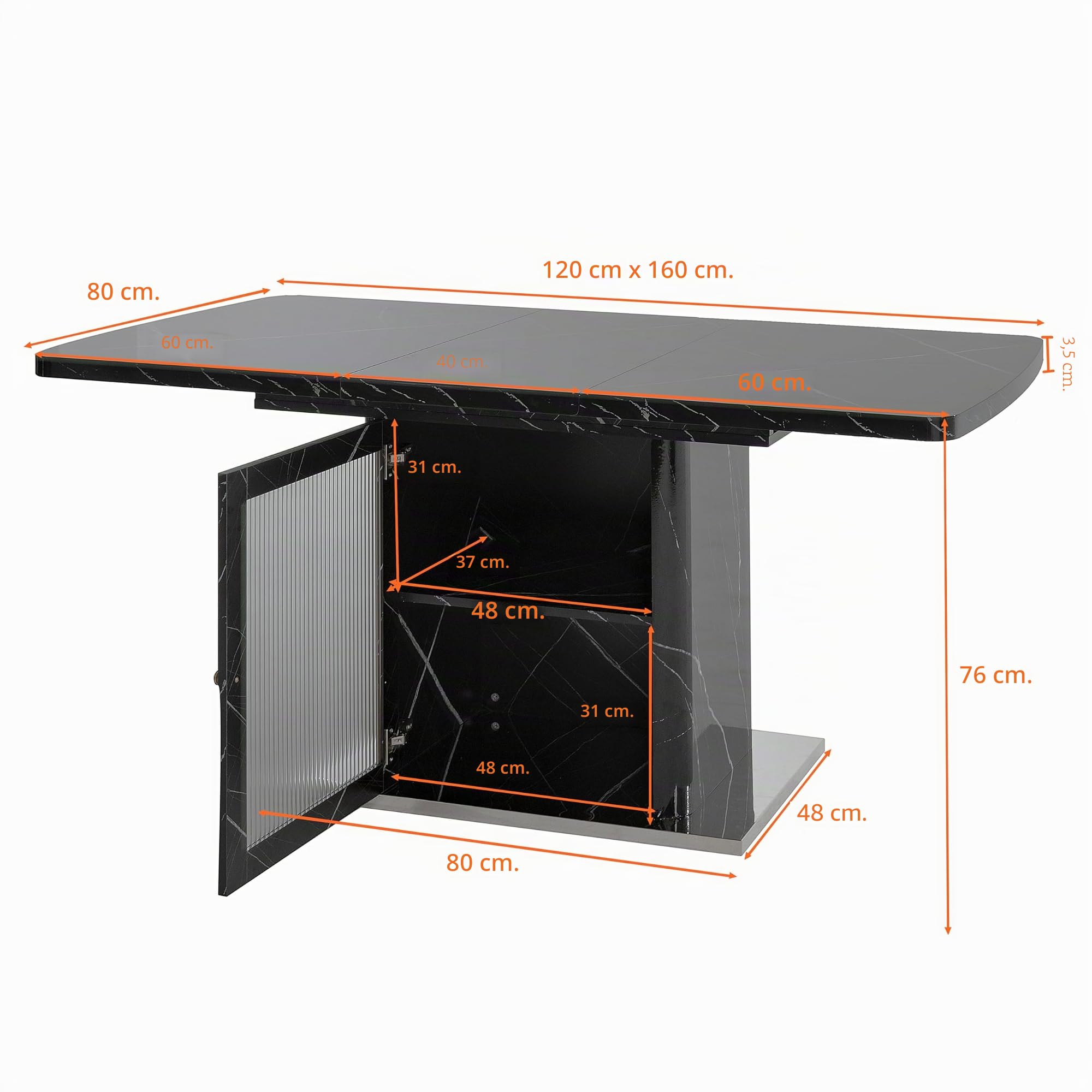 Vivca, tavolo da pranzo moderno allungabile, 120-160 cm, piano con stampa in marmo nero, gambe in metallo, elegante e funzionale per sala da pranzo, cucina, soggiorno
